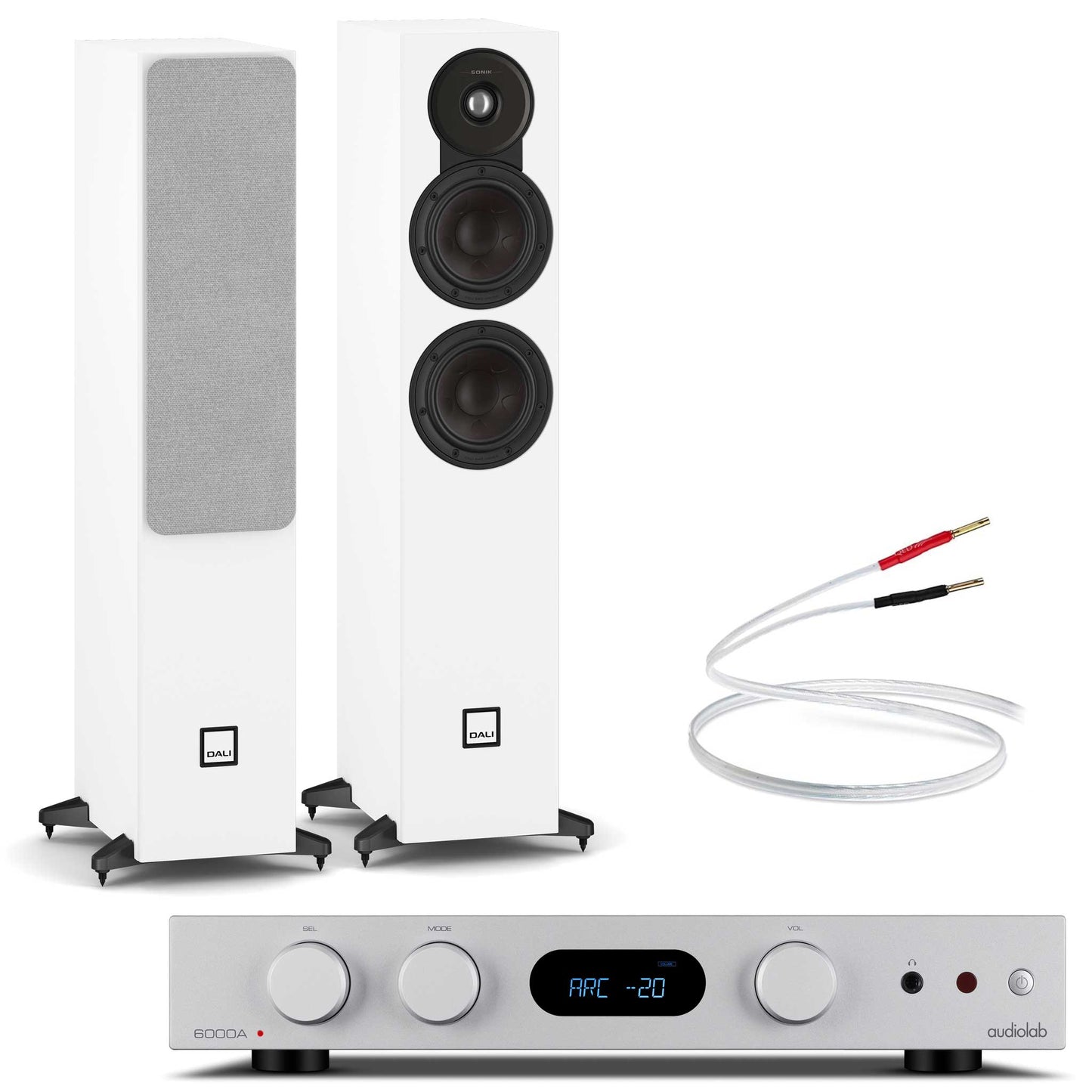 Audiolab 6000A MKII Silver with Dali SONIK 5 White