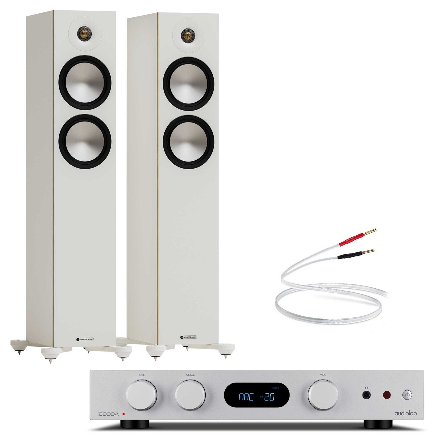 Audiolab 6000A MKII Silver with Monitor Audio Bronze 300 7G White