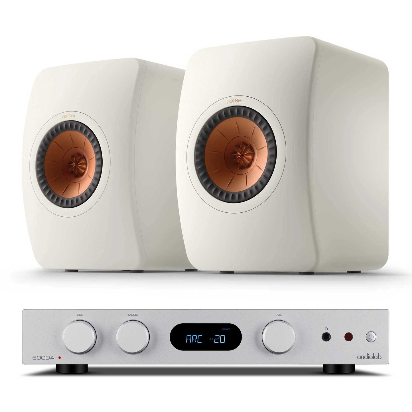 Audiolab 6000A MKII Silver with KEF LS50 Meta Mineral White