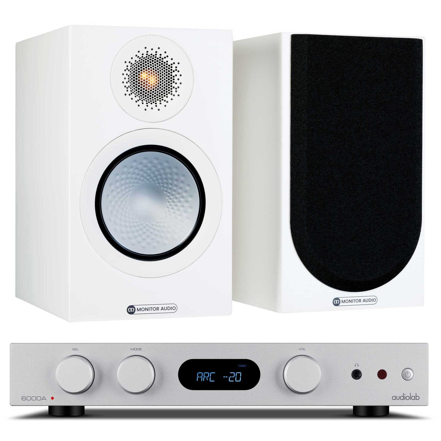 Audiolab 6000A MKII Silver with Monitor Audio Silver 50 Satin White