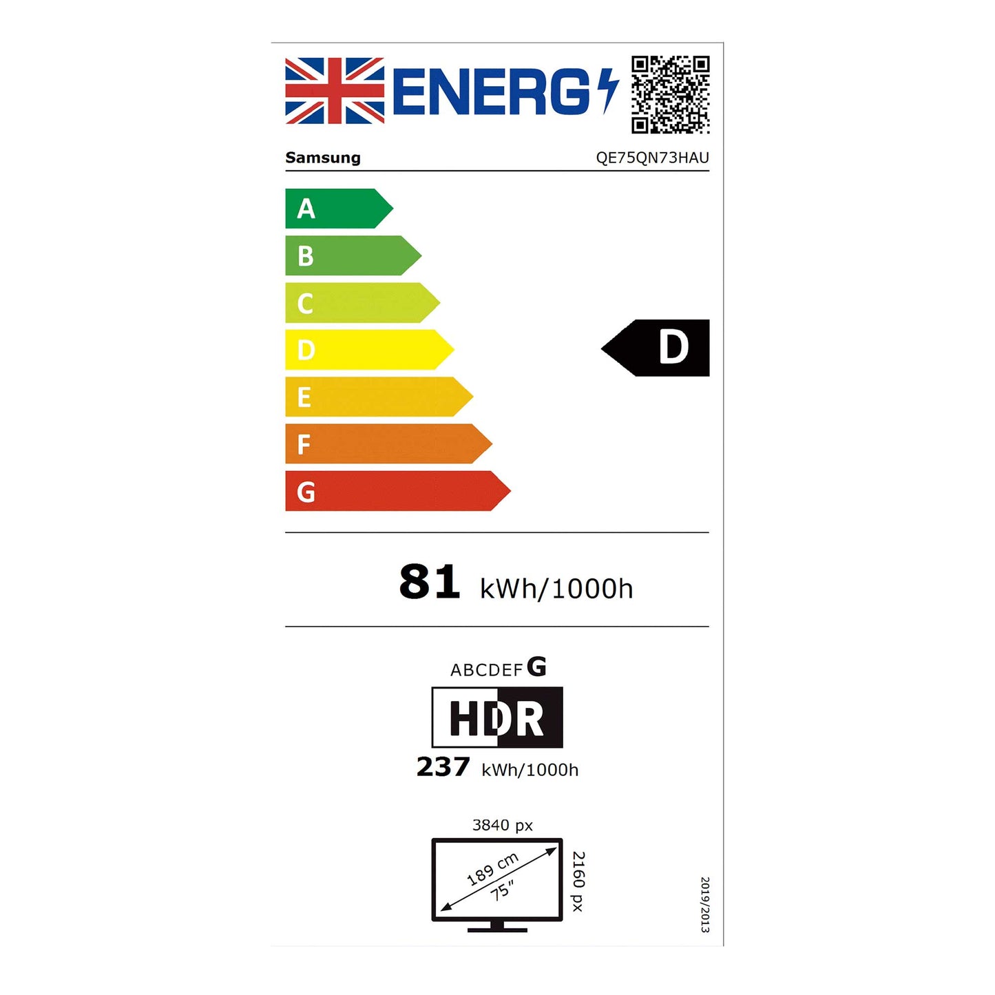 Samsung QE75QN73H Energy Label