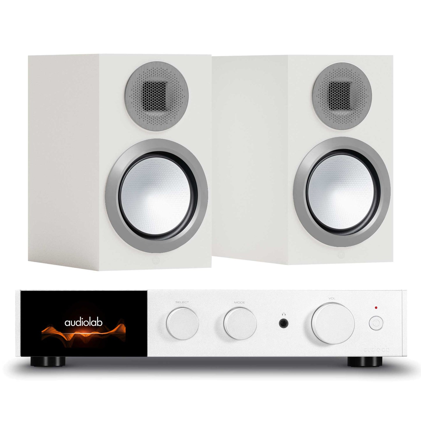 Audiolab 9000A Silver with Monitor Audio Gold 50 6G Satin White