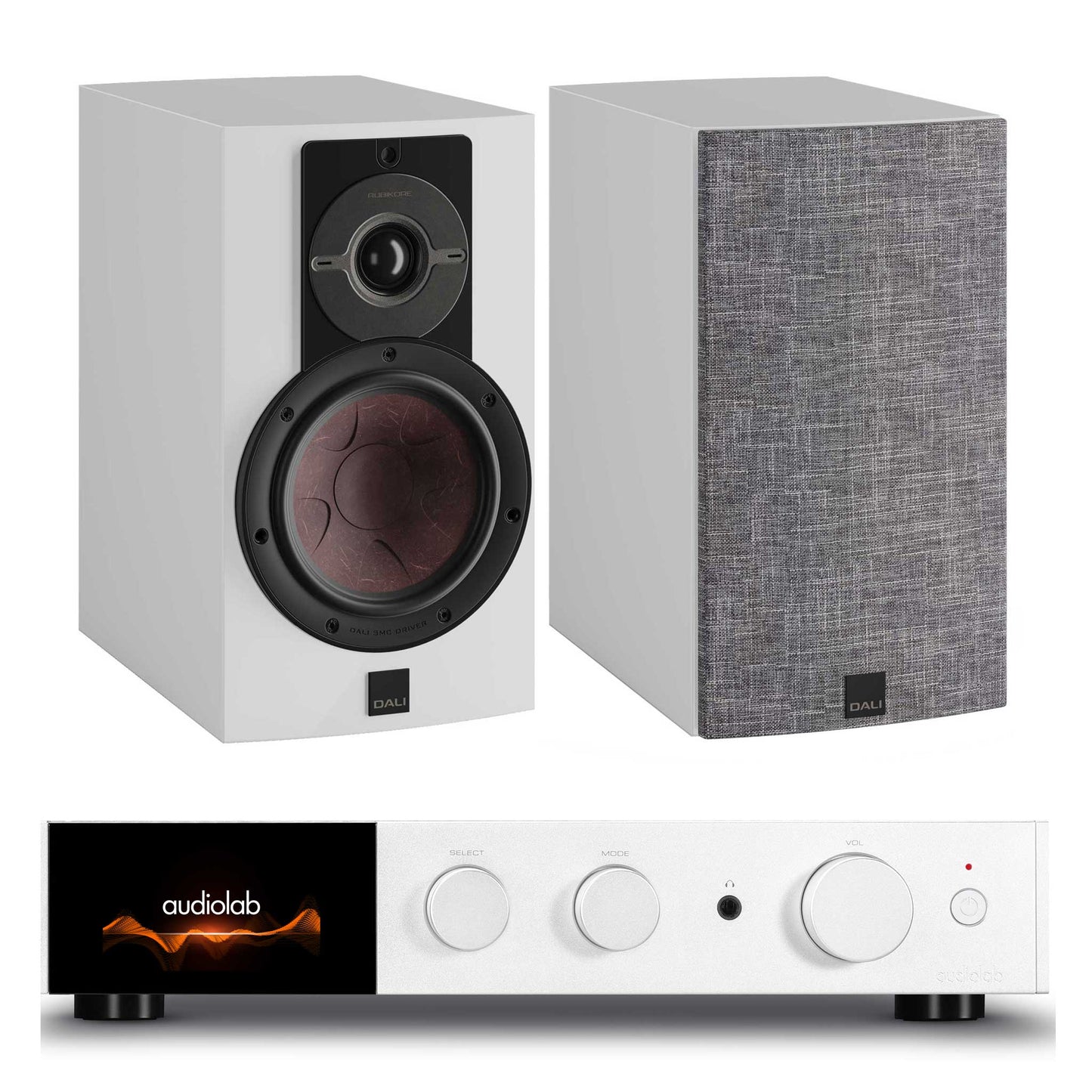 Audiolab 9000A Silver with Dali Rubikore 2 Gloss White