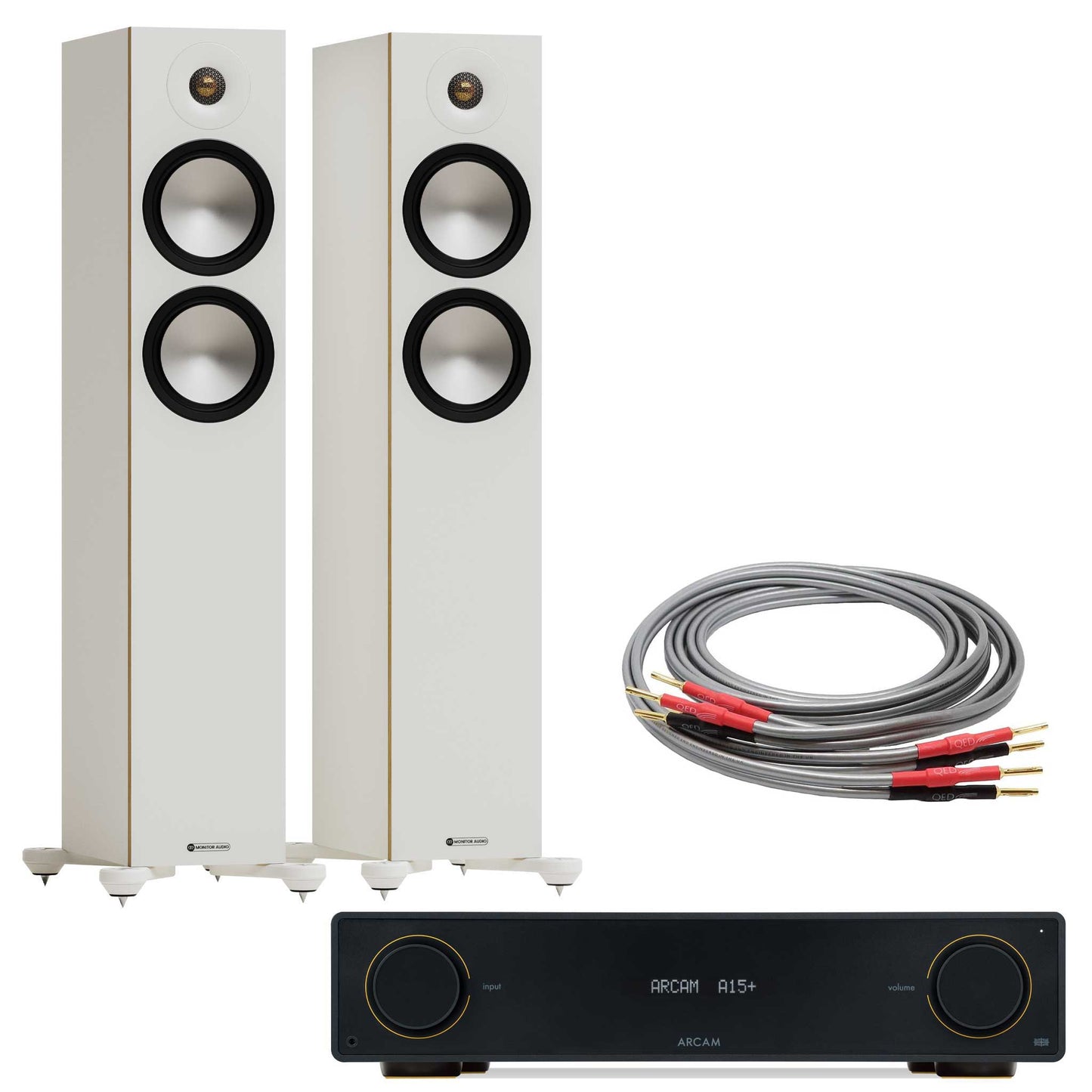 Arcam A15+ with Monitor Audio Bronze 300 7G White