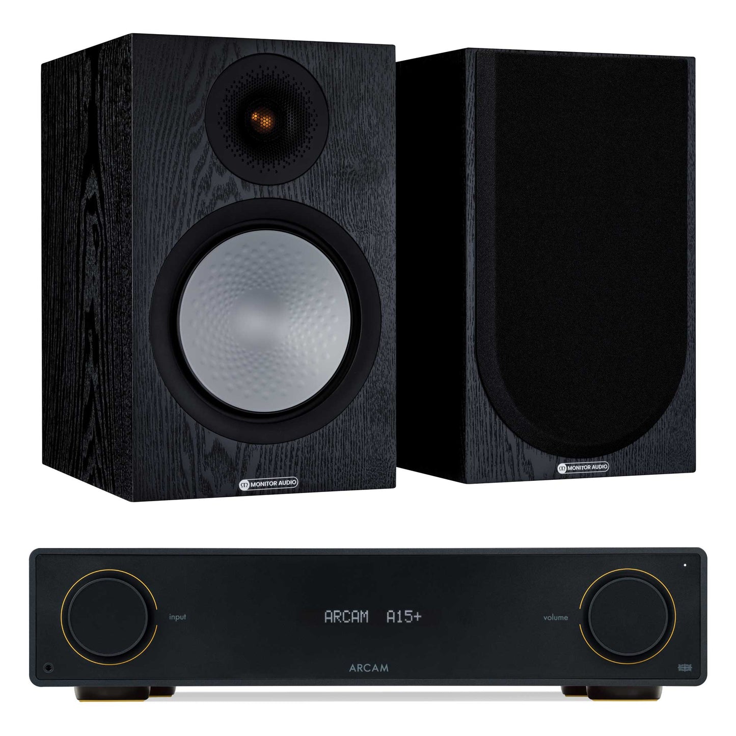 Arcam A15+ with Monitor Audio Silver 100 7G Black Oak