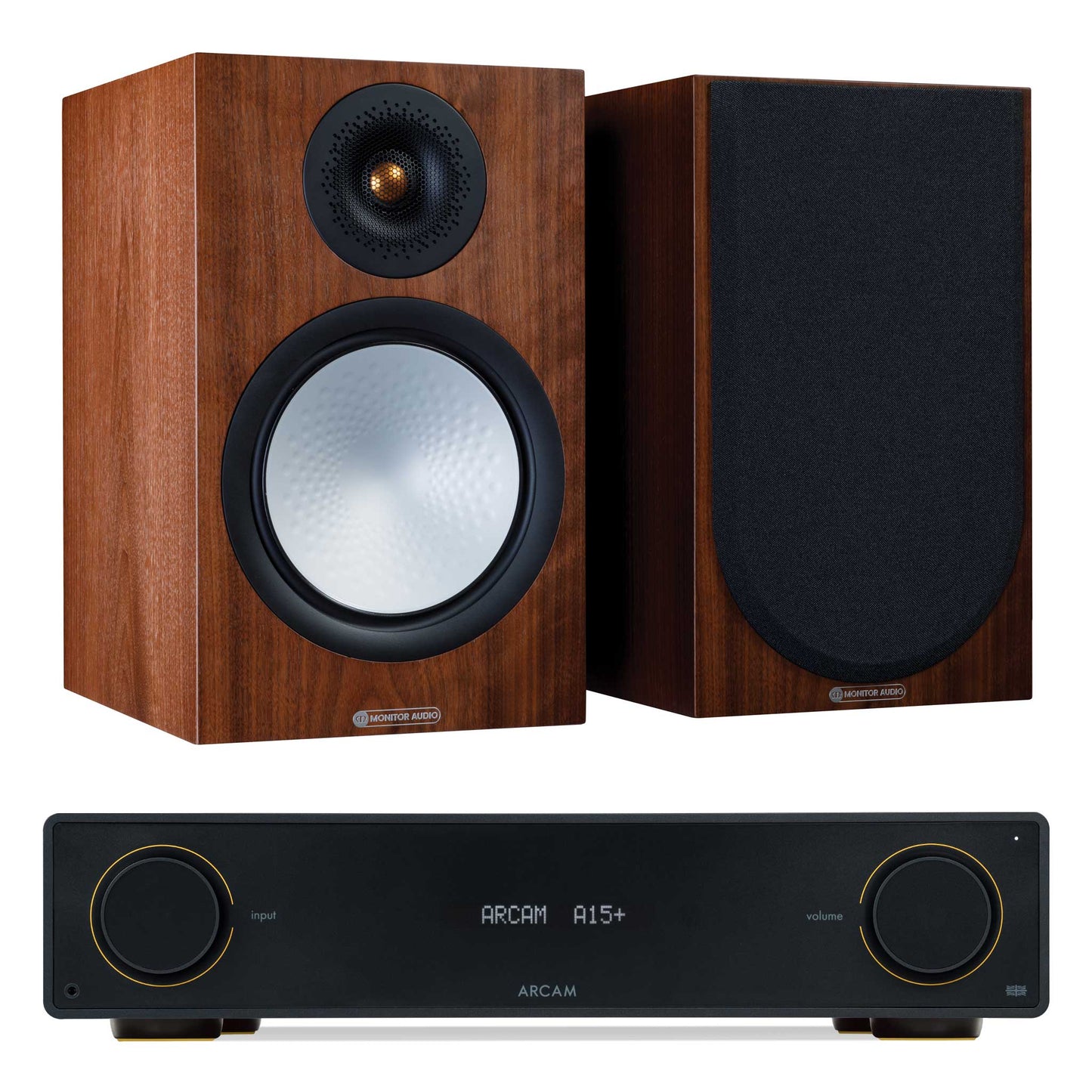 Arcam A15+ with Monitor Audio Silver 100 7G Walnut