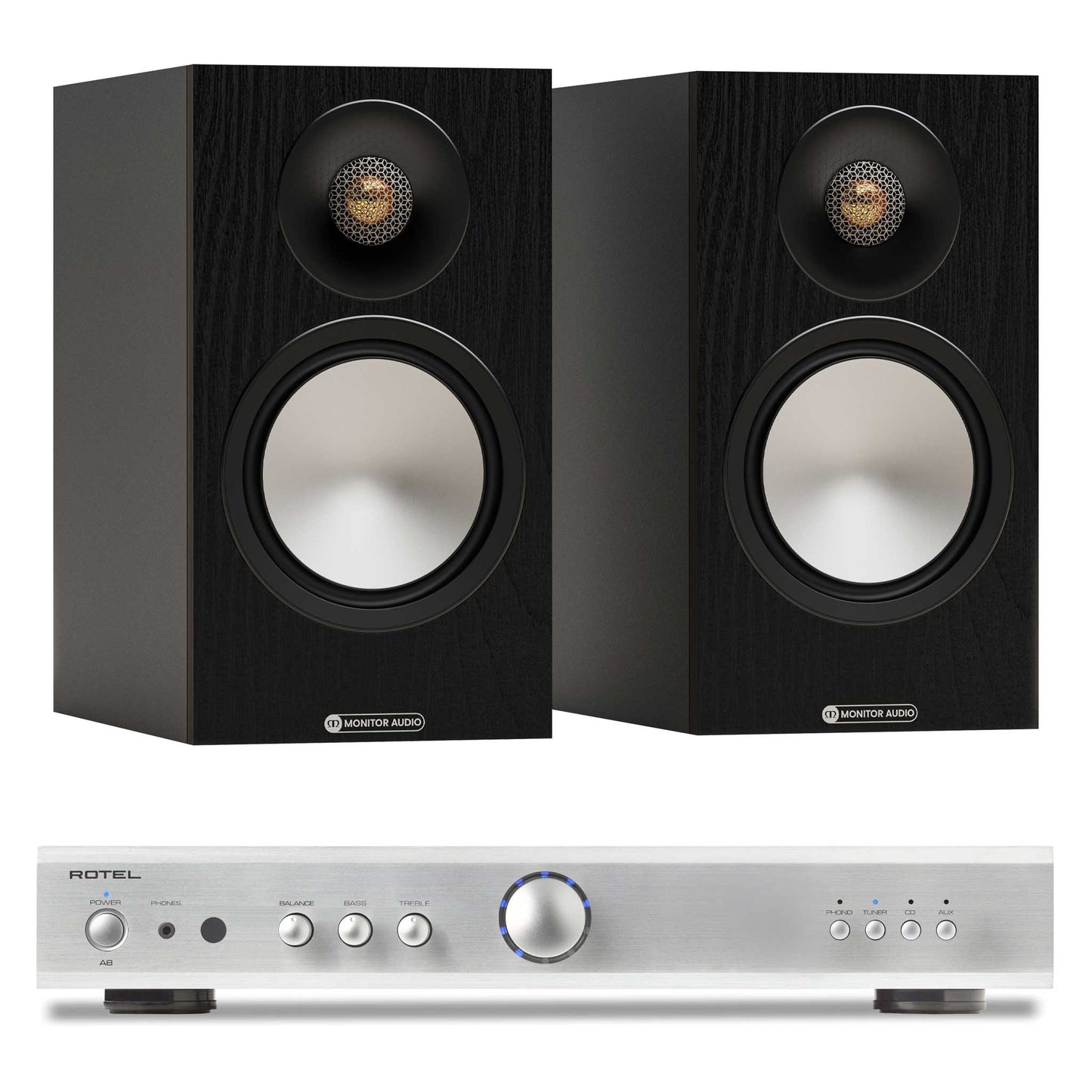 Rotel A8 Silver with Monitor Audio Bronze 50 7G Black