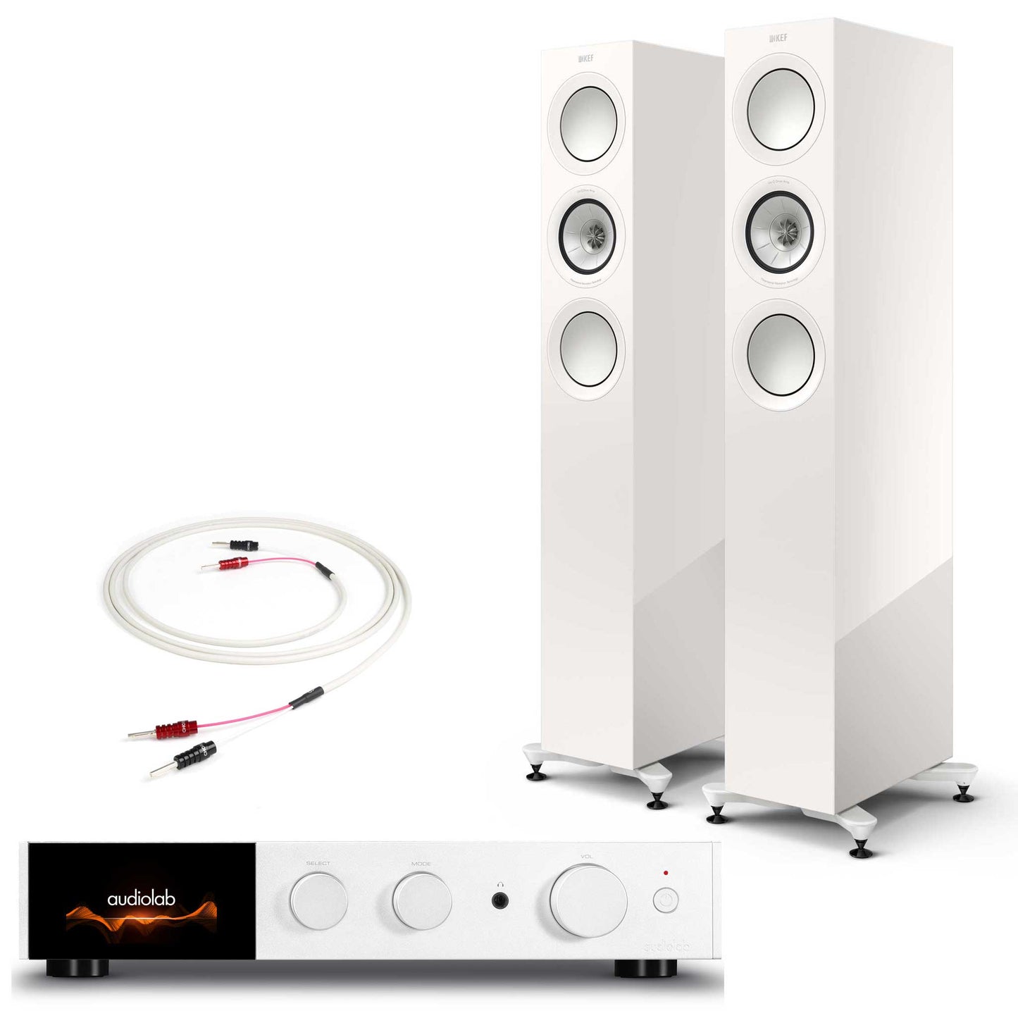 Audiolab 9000A Silver with KEF R5 Meta Gloss White