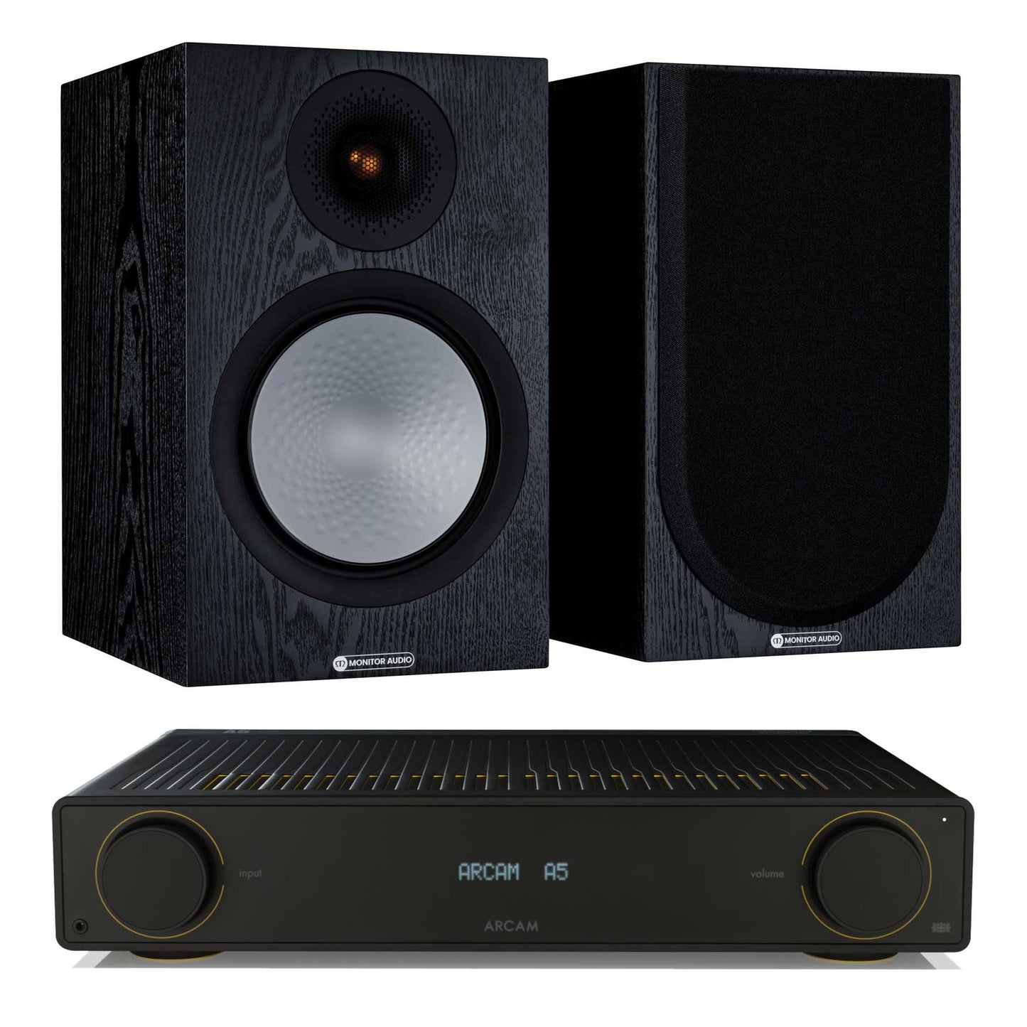 Arcam A5 with Monitor Audio Silver 100 Black Oak