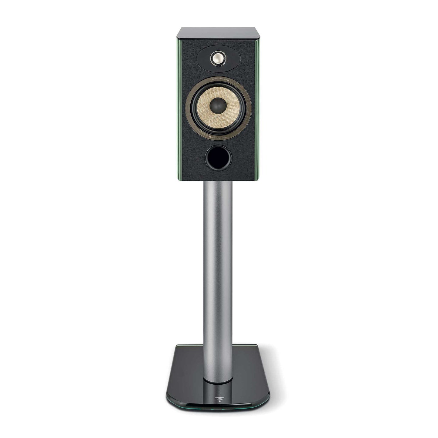 Focal Aria Evo X N°1 Moss Green HIgh Gloss Front View On Optional Aria Floor Stand