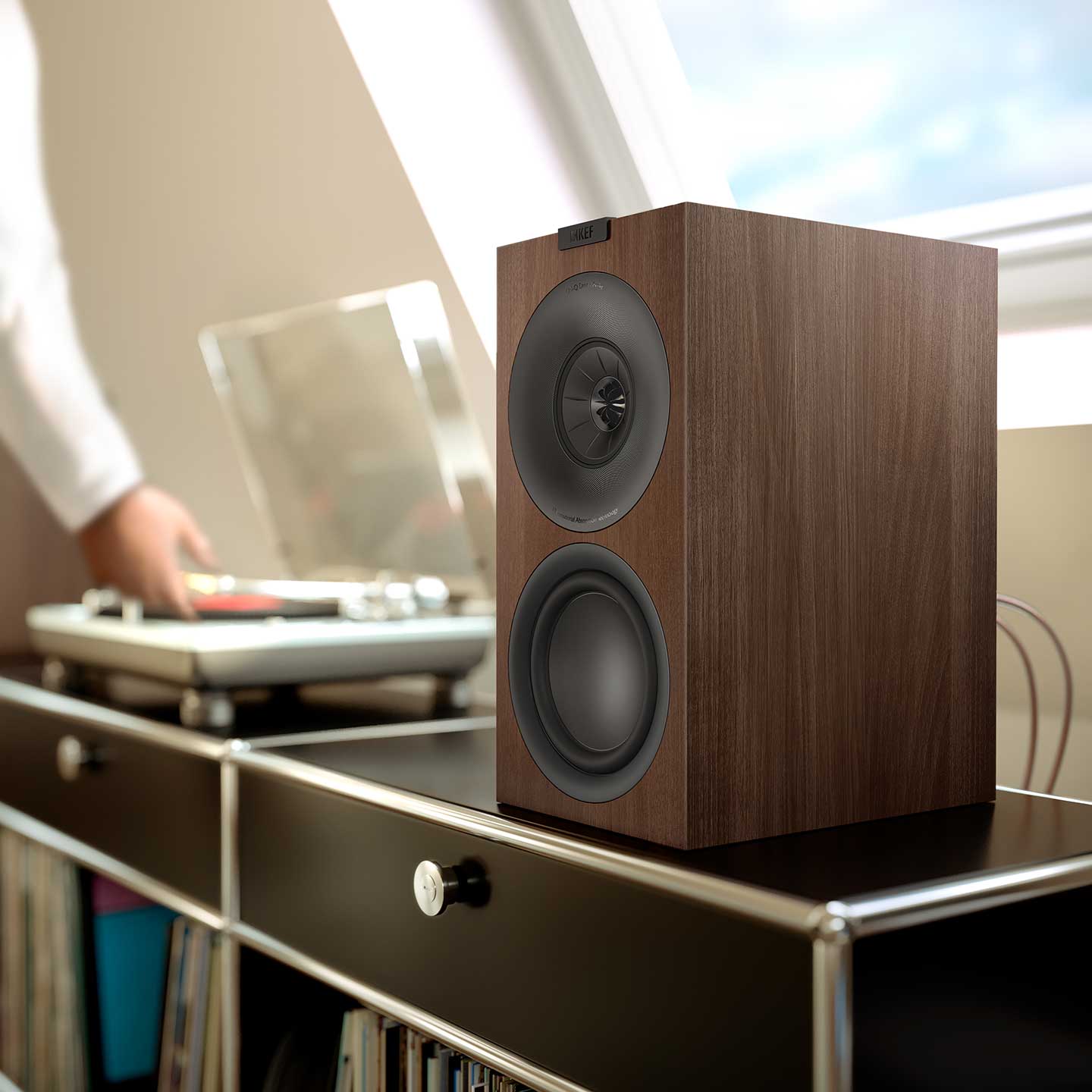 KEF Q Concerto Meta Walnut On Sideboard
