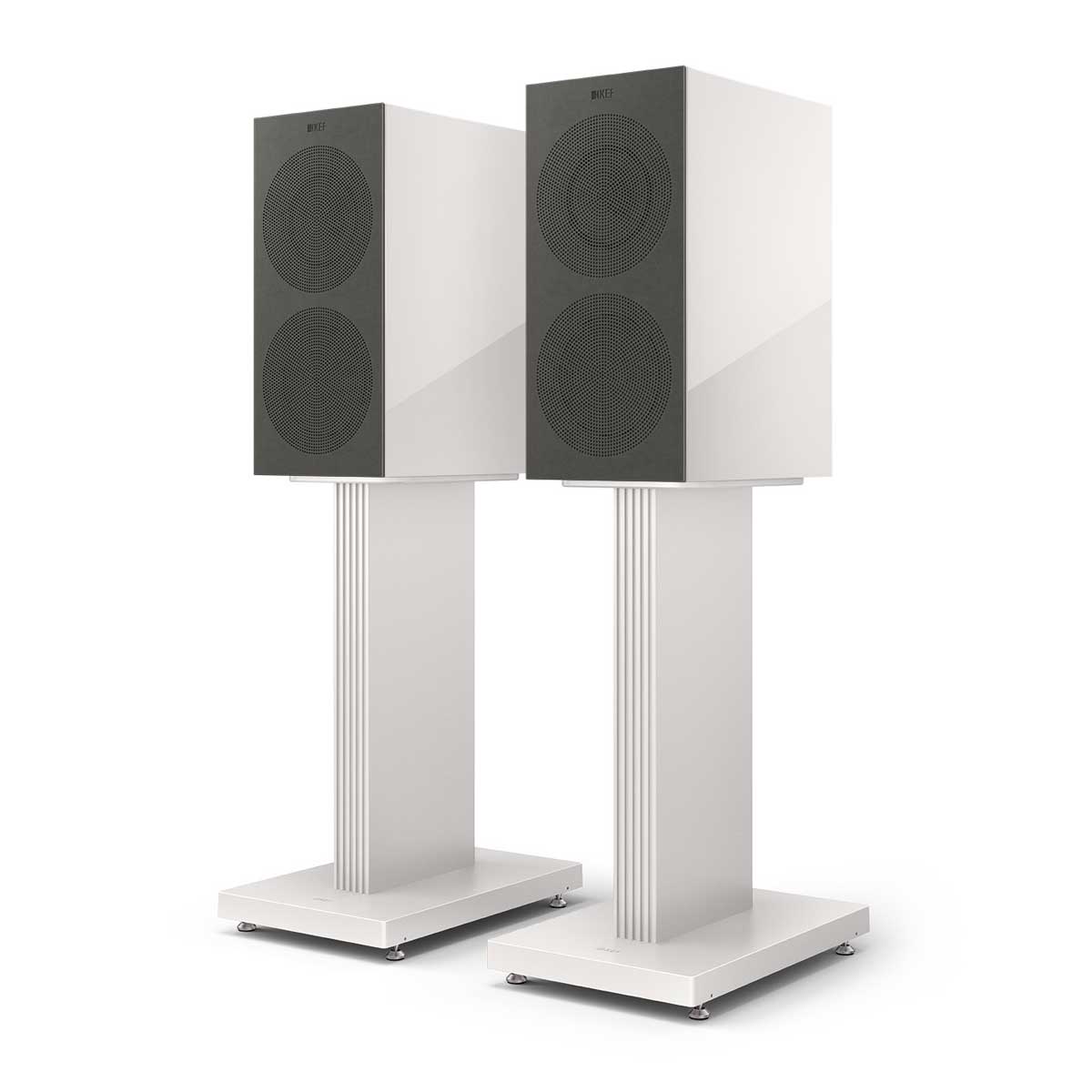 KEF R3 Meta White Gloss Grilles On with S3 Stands