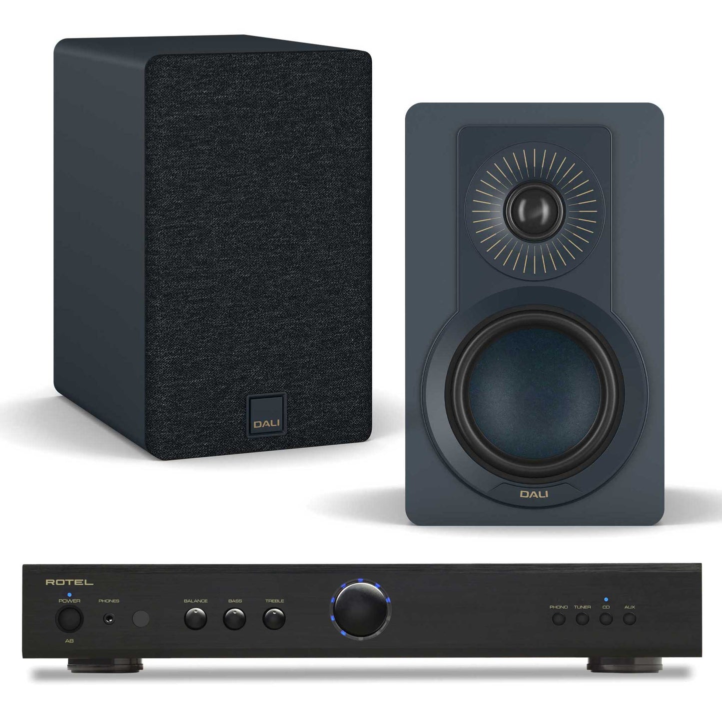 Rotel A8 Black with Dali Kupid Chilly Blue