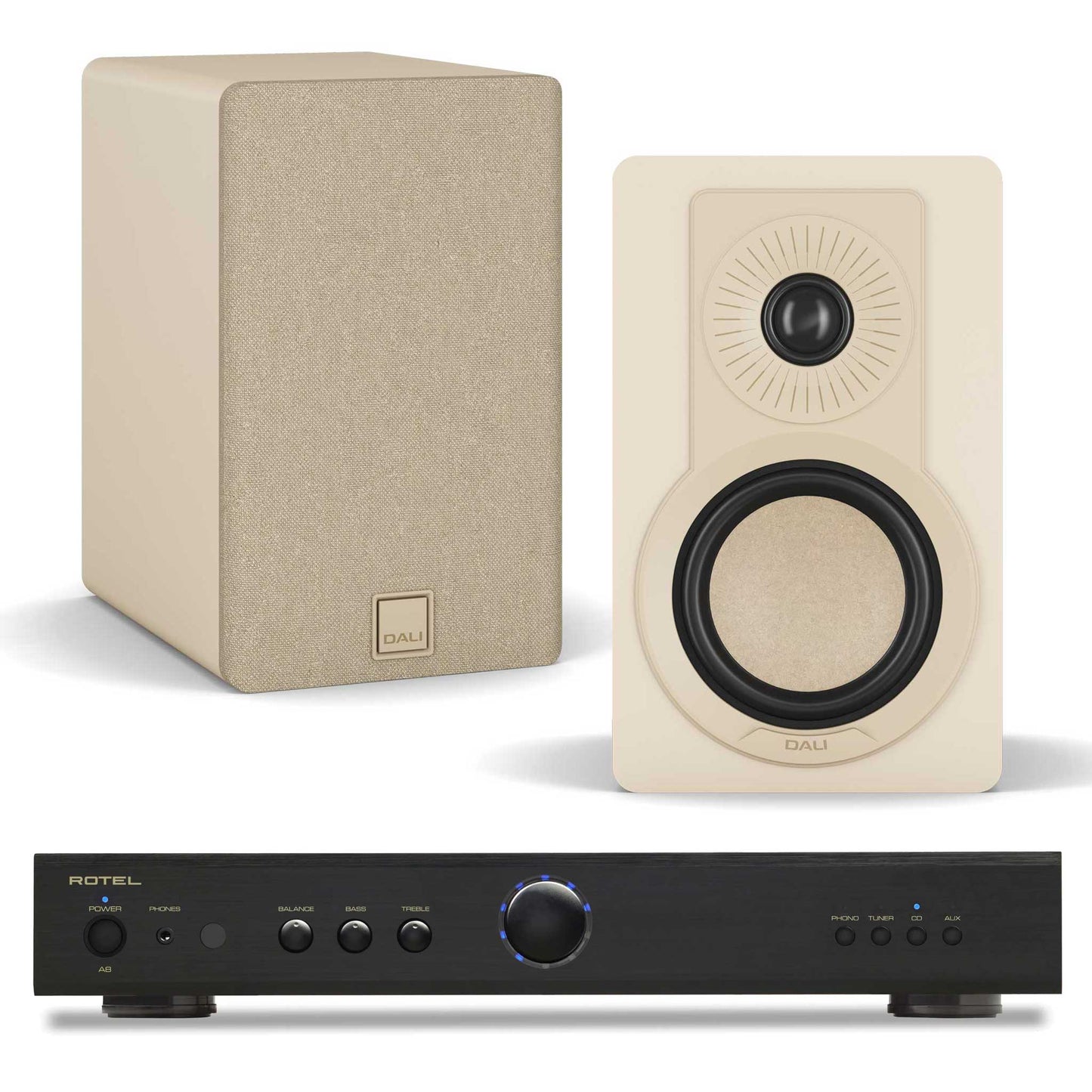 Rotel A8 Black with Dali Kupid Caramel White