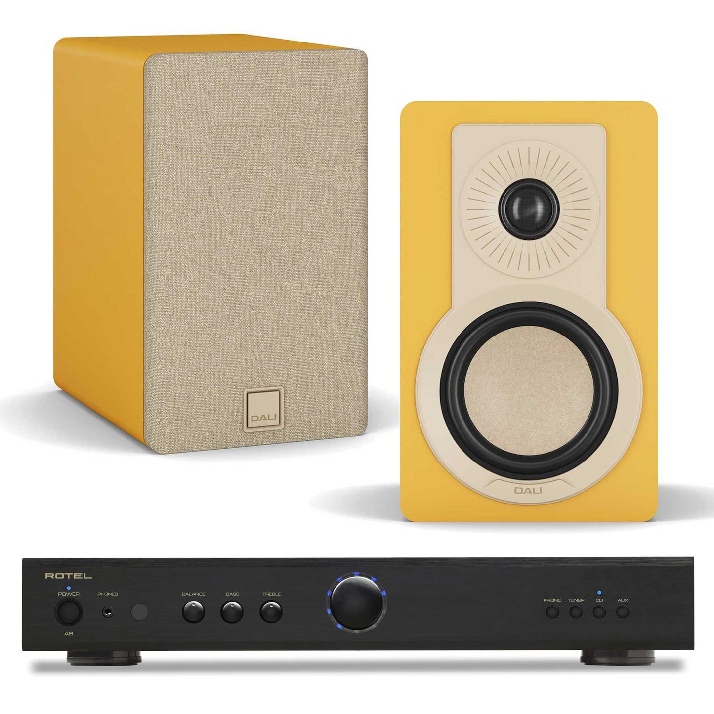 Rotel A8 Black with Dali Kupid Golden Yellow