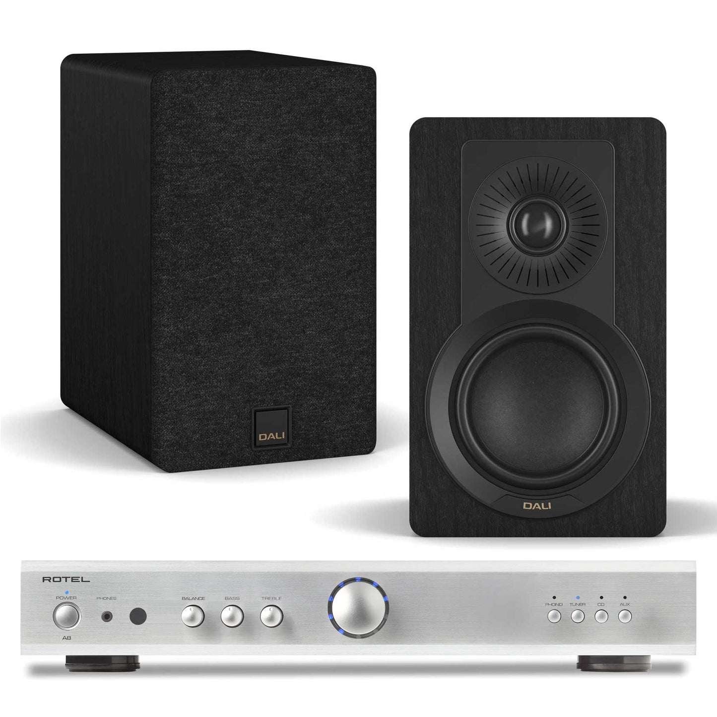 Rotel A8 Silver with Dali Kupid Black Ash