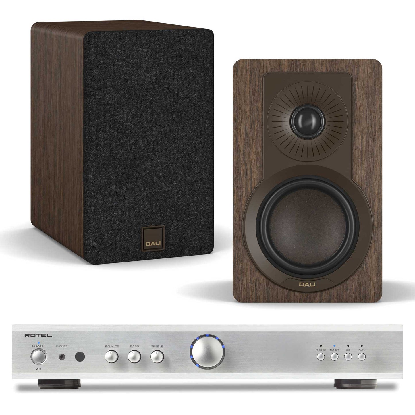 Rotel A8 Silver with Dali Kupid Dark Walnut