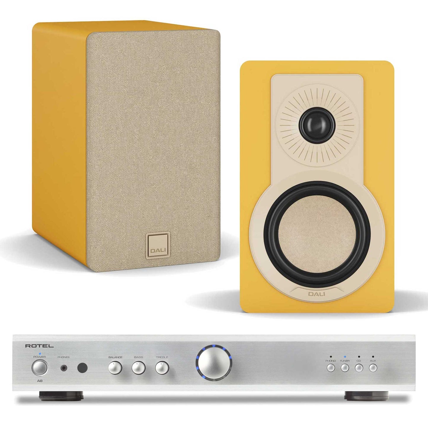 Rotel A8 Silver with Dali Kupid Golden Yellow