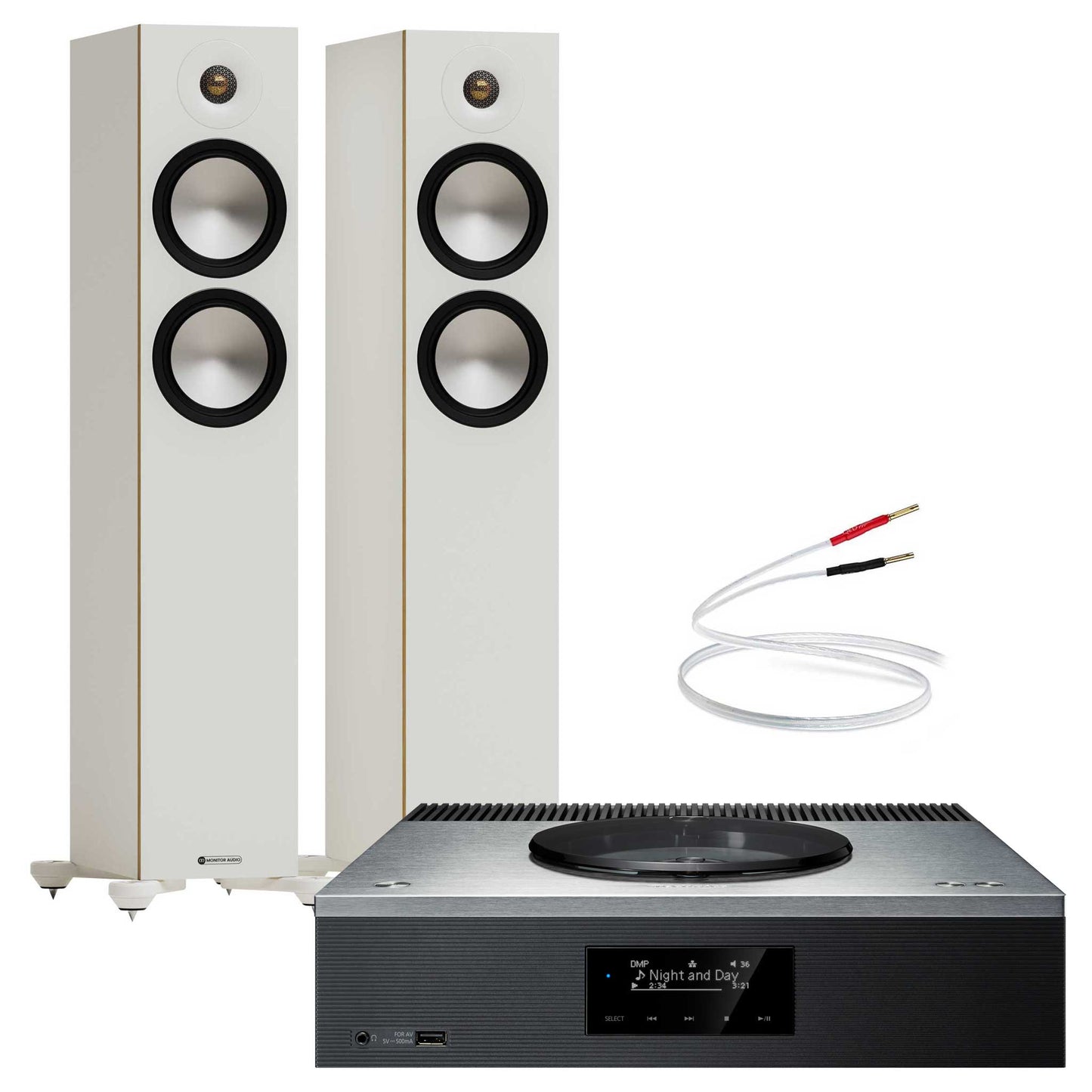 Technics SA-C600 Silver with Monitor Audio Bronze 300 7G White