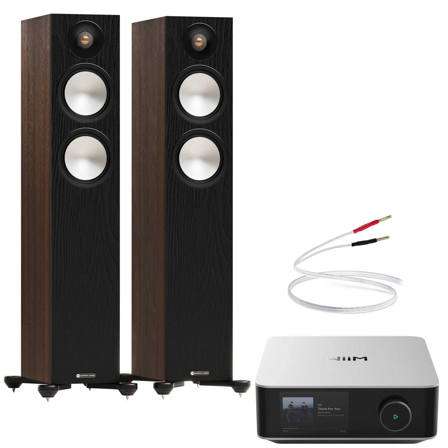 WiiM Amp Ultra Silver with Monitor Audio Bronze 300 7G Walnut