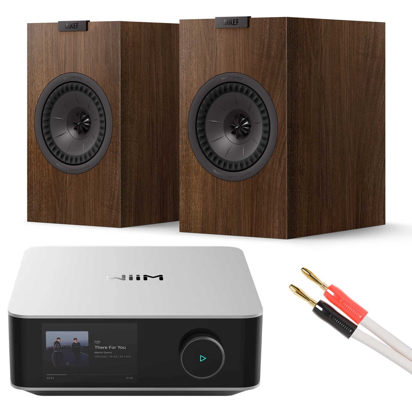 WiiM Amp Ultra Silver with KEF Q1 Meta Walnut