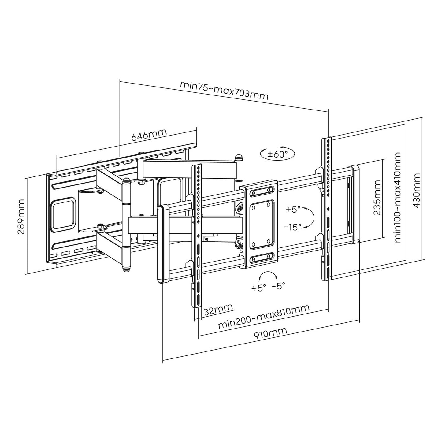 TTD-804DA full-motion wall bracket dimensions