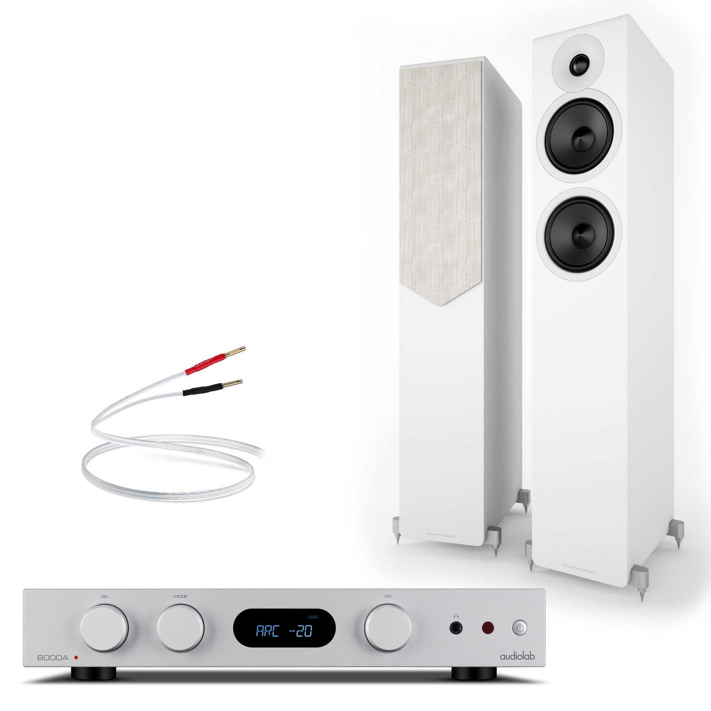 Audiolab 6000A MKII Silver with Acoustic Energy AE309² White