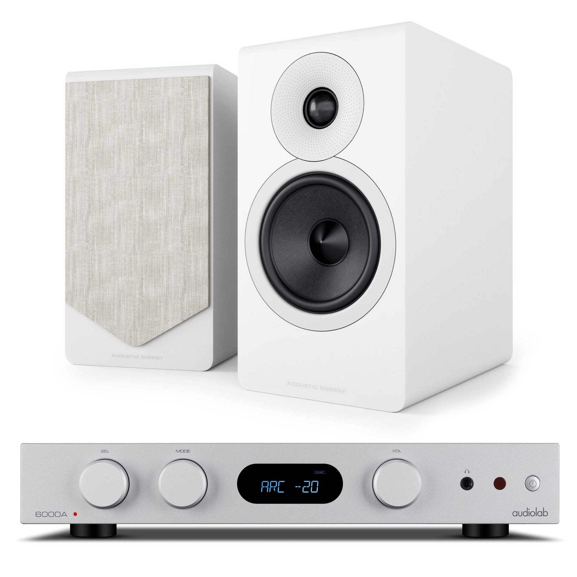 Audiolab 6000A MKII Silver with Acoustic Energy AE300² Matte White