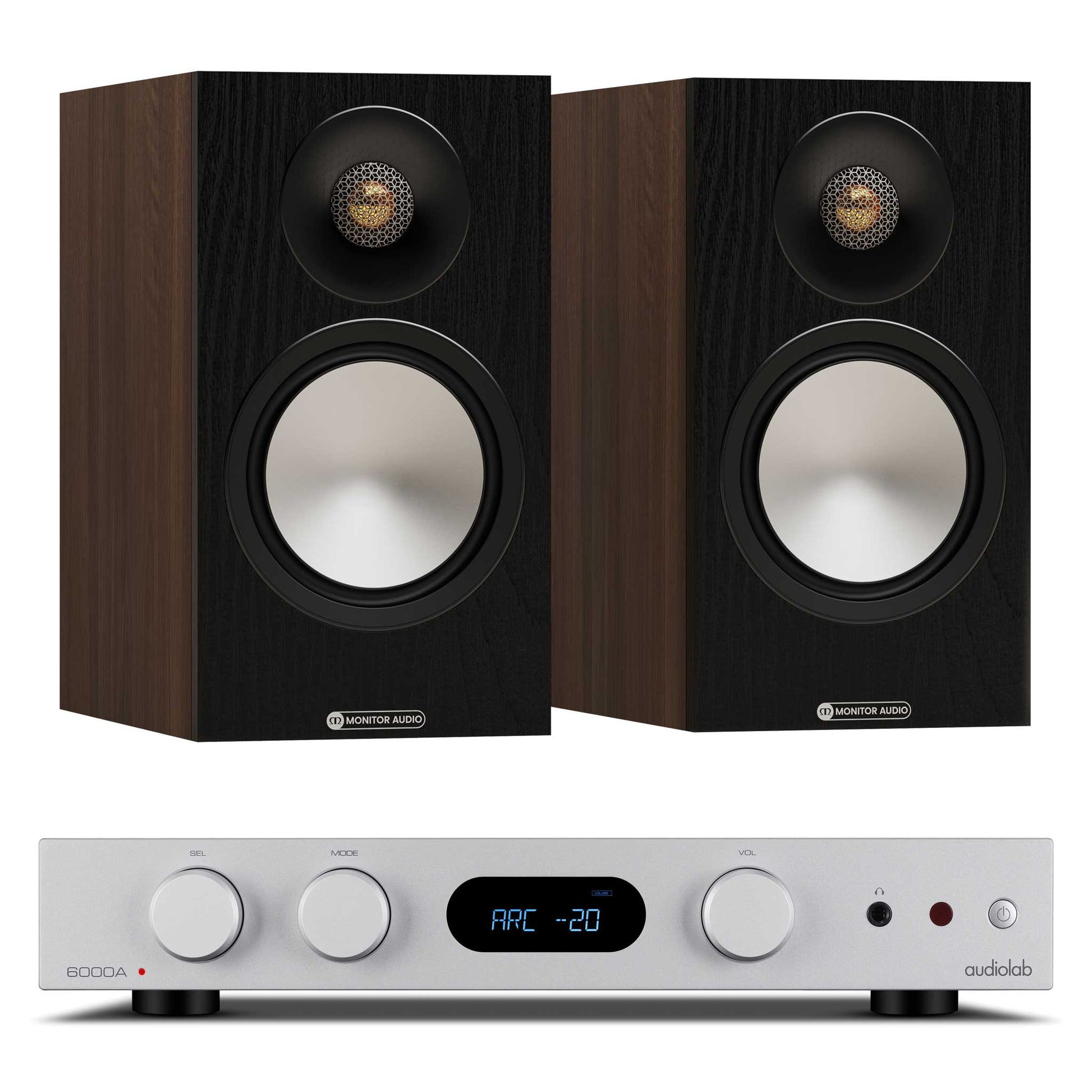 Audiolab 6000A MKII Silver with Monitor Audio Bronze 50 7G Walnut