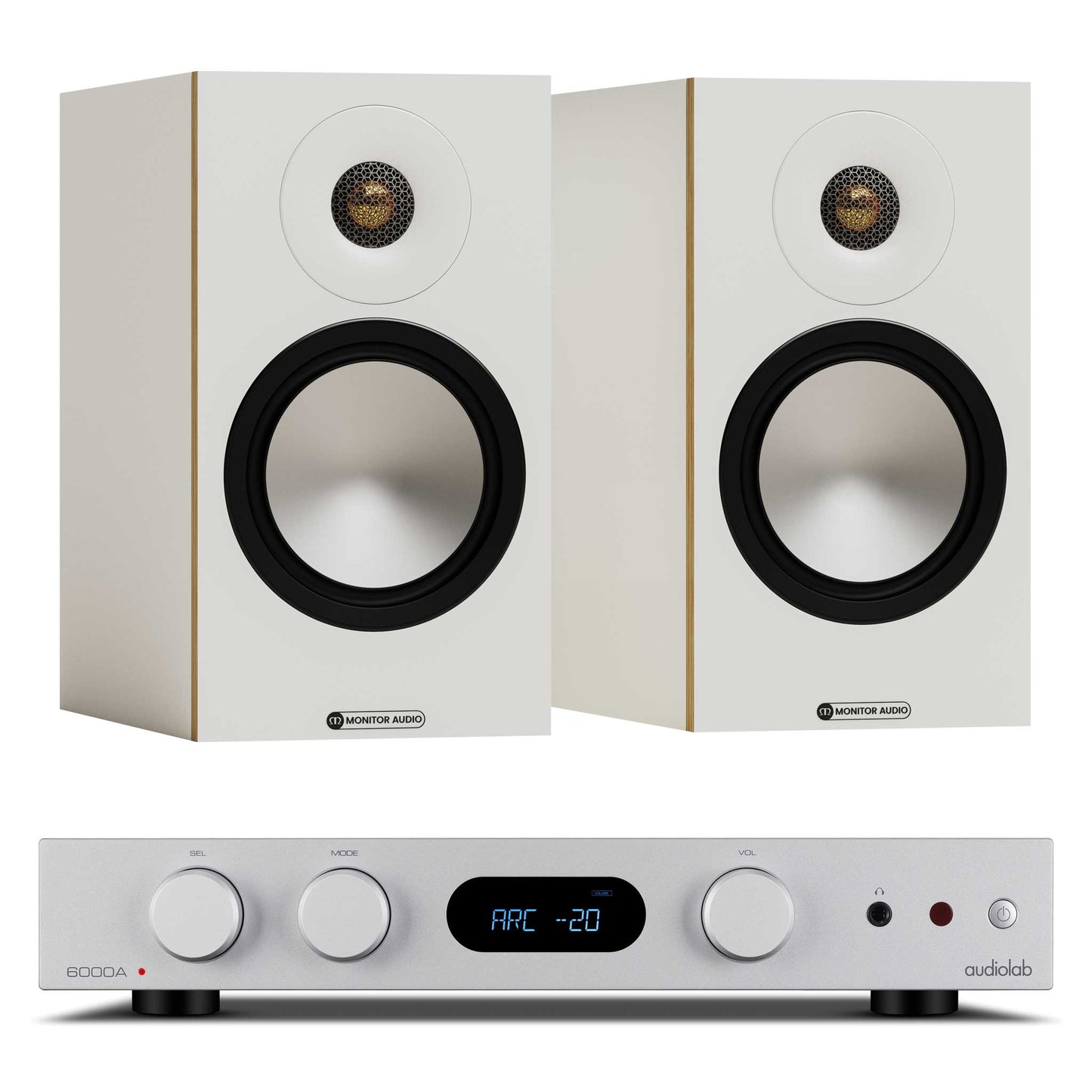 Audiolab 6000A MKII Silver with Monitor Audio Bronze 50 7G White