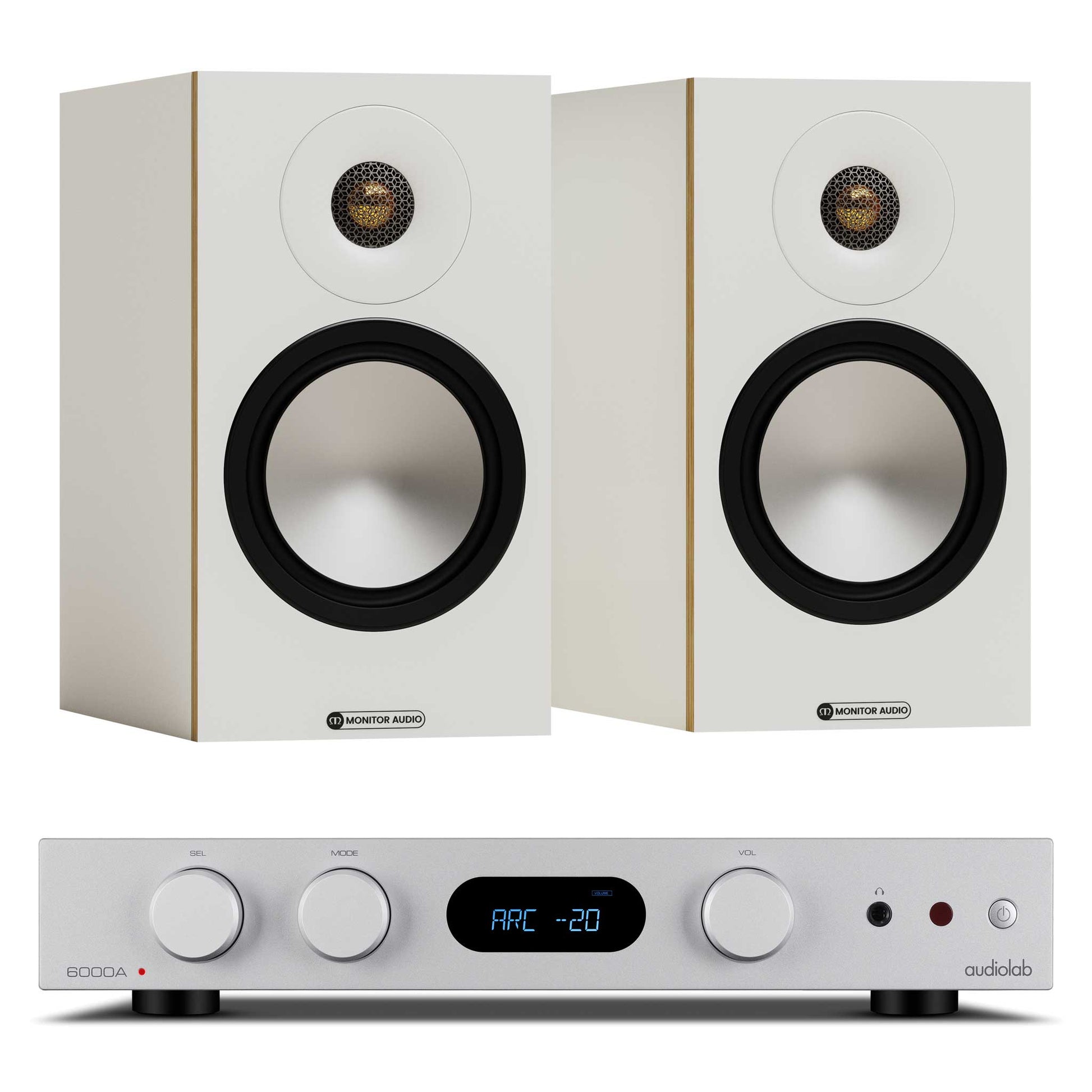 Audiolab 6000A MKII Silver with Monitor Audio Bronze 50 7G White