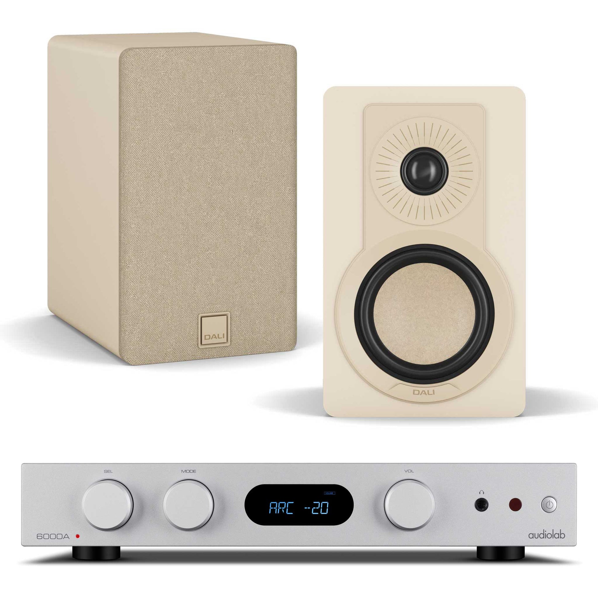 Audiolab 6000A MKII Silver with Dali Kupid Caramel White