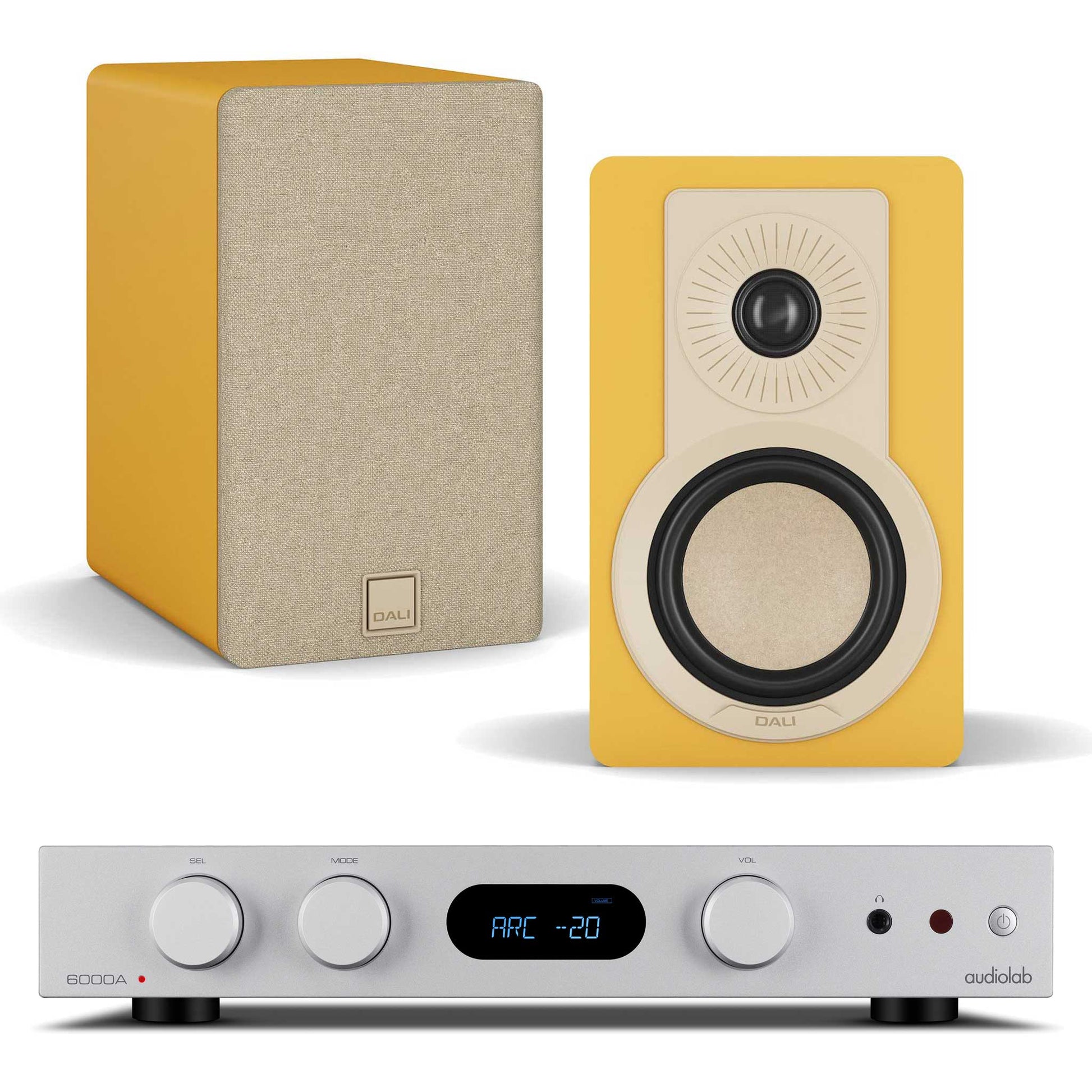 Audiolab 6000A MKII Silver with Dali Kupid Golden Yellow