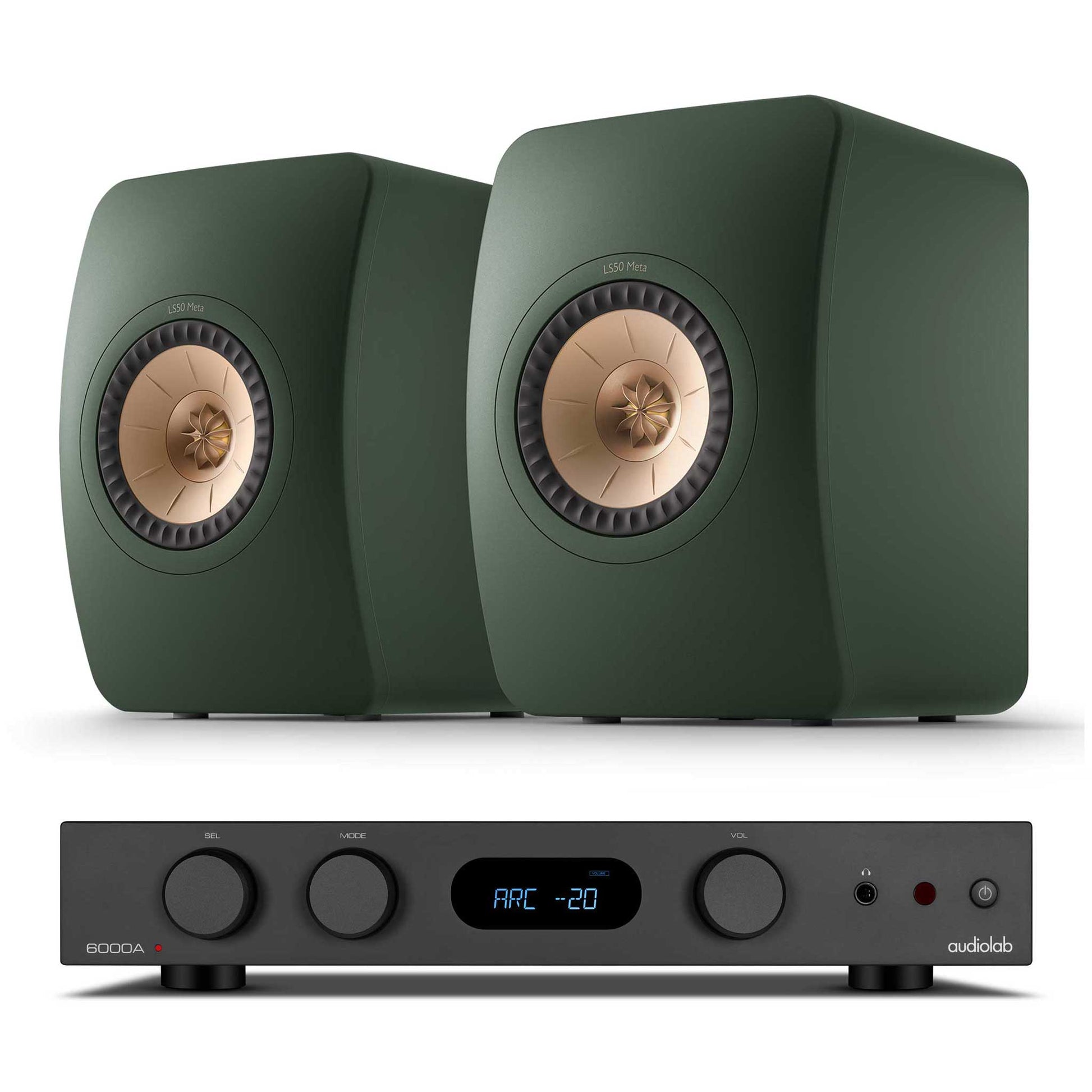 Audiolab 6000A MKII Black with KEF LS50 Meta Moss Green