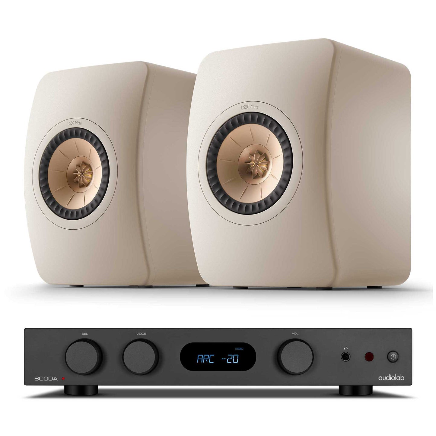 Audiolab 6000A MKII Black with KEF LS50 Meta Sand Shell