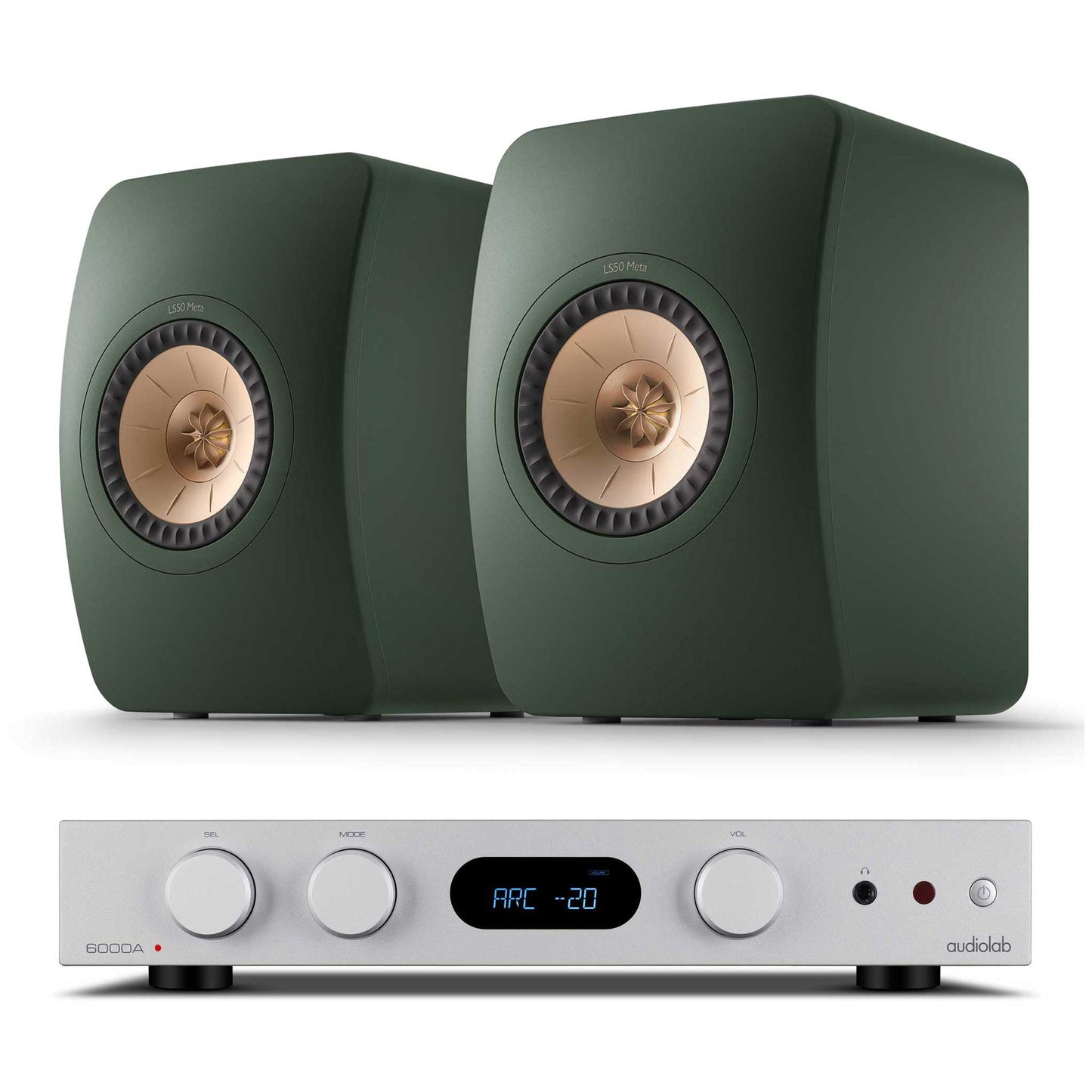 Audiolab 6000A MKII Silver with KEF LS50 Meta Moss Green