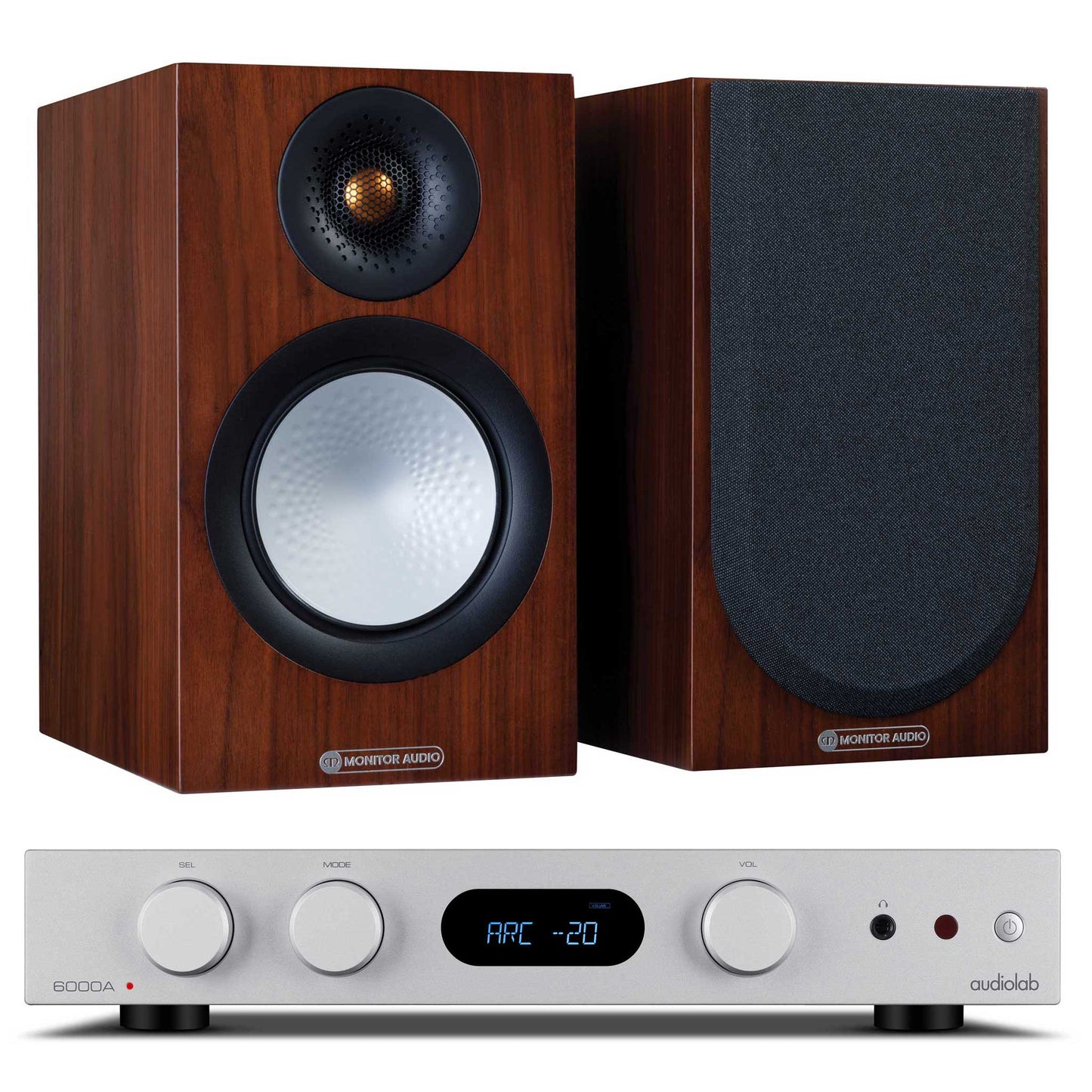 Audiolab 6000A MKII Silver with Monitor Audio Silver 50 Walnut