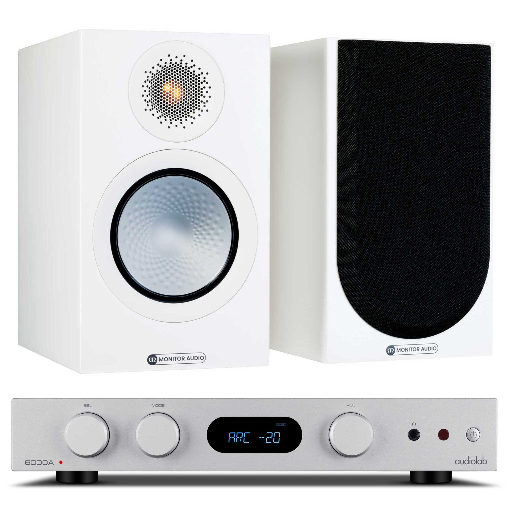 Audiolab 6000A MKII Silver with Monitor Audio Silver 50 Satin White