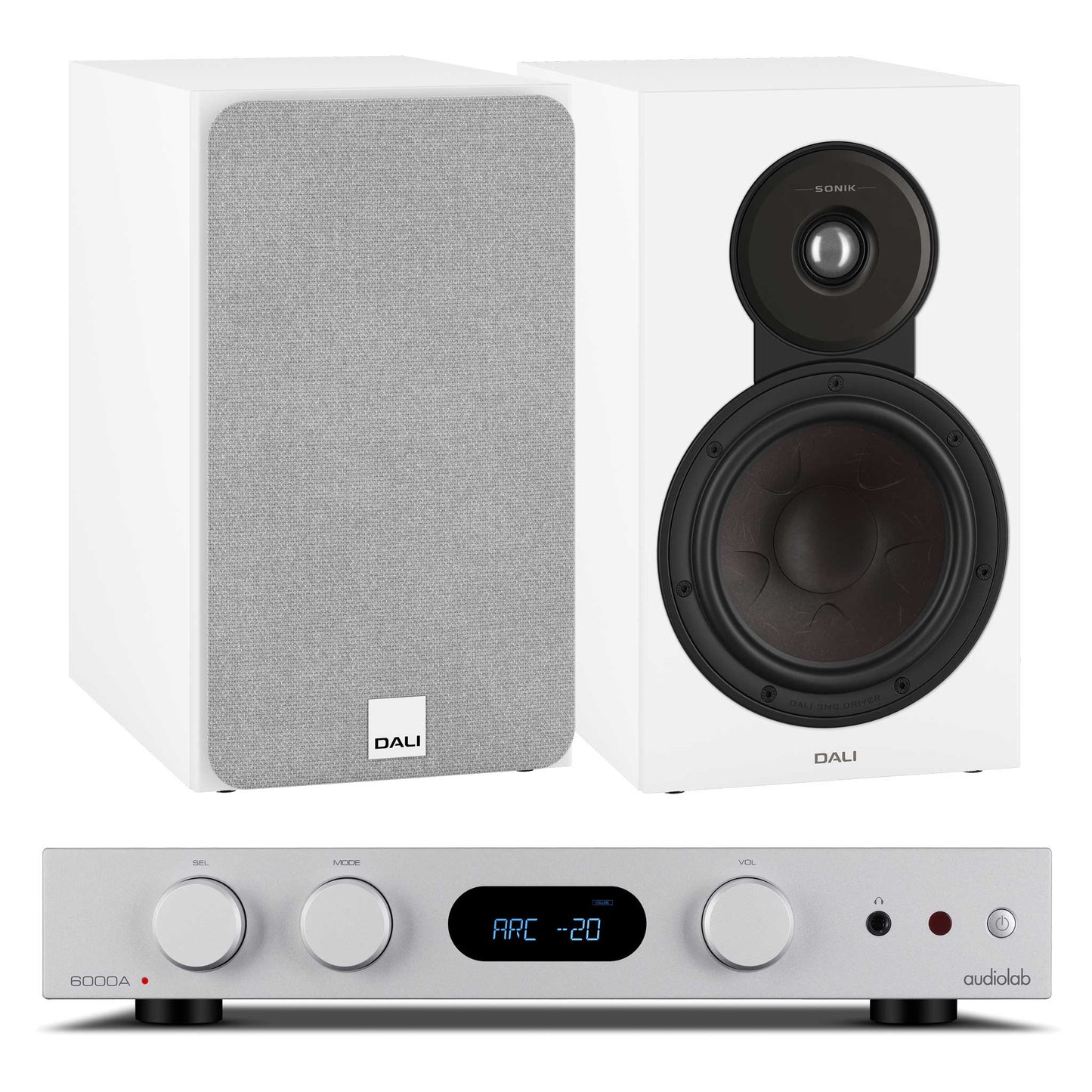 Audiolab 6000A MKII Silver with Dali SONIK 3 White