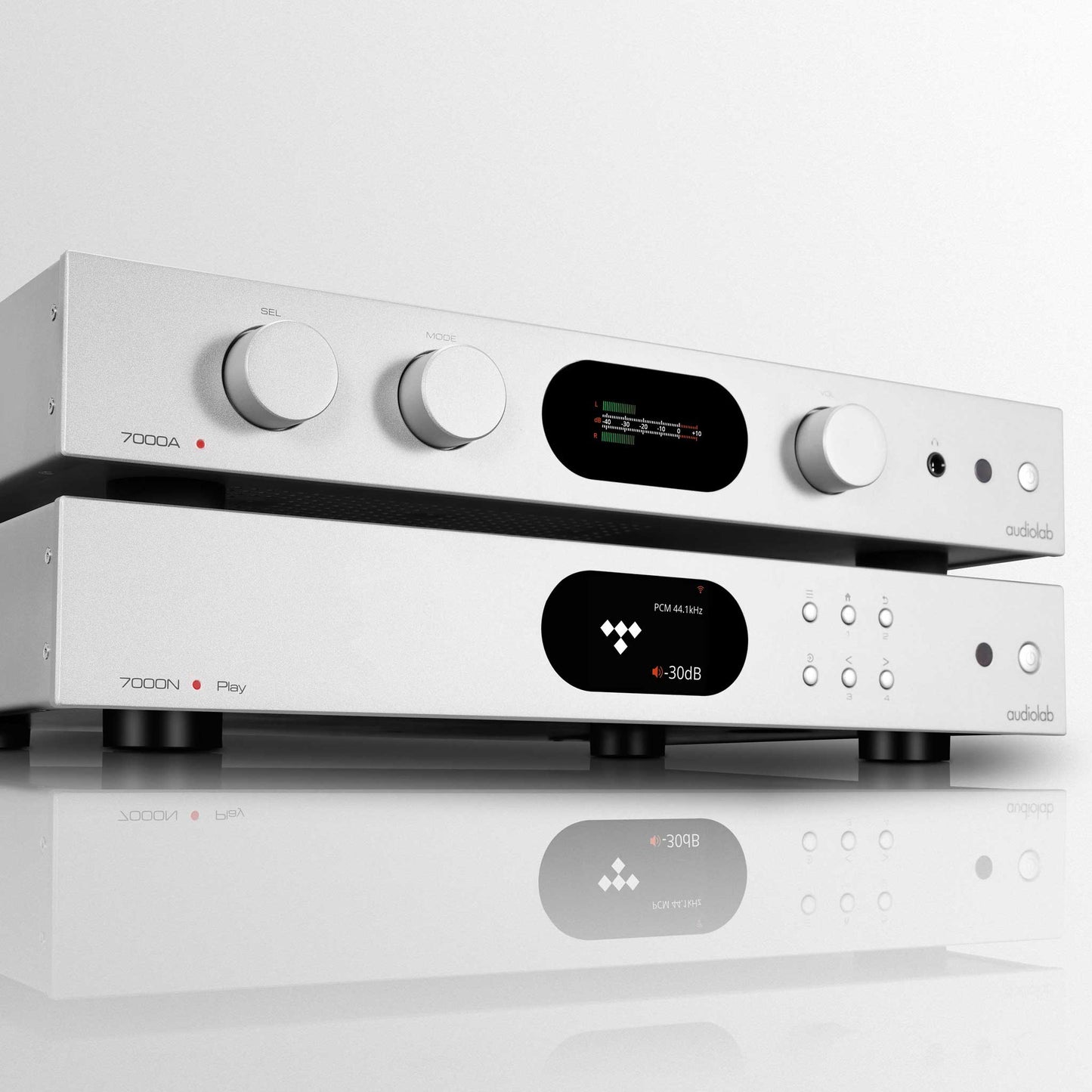 Audiolab 7000A \ 7000N Amp & Streamer Bundle Silver Angled View