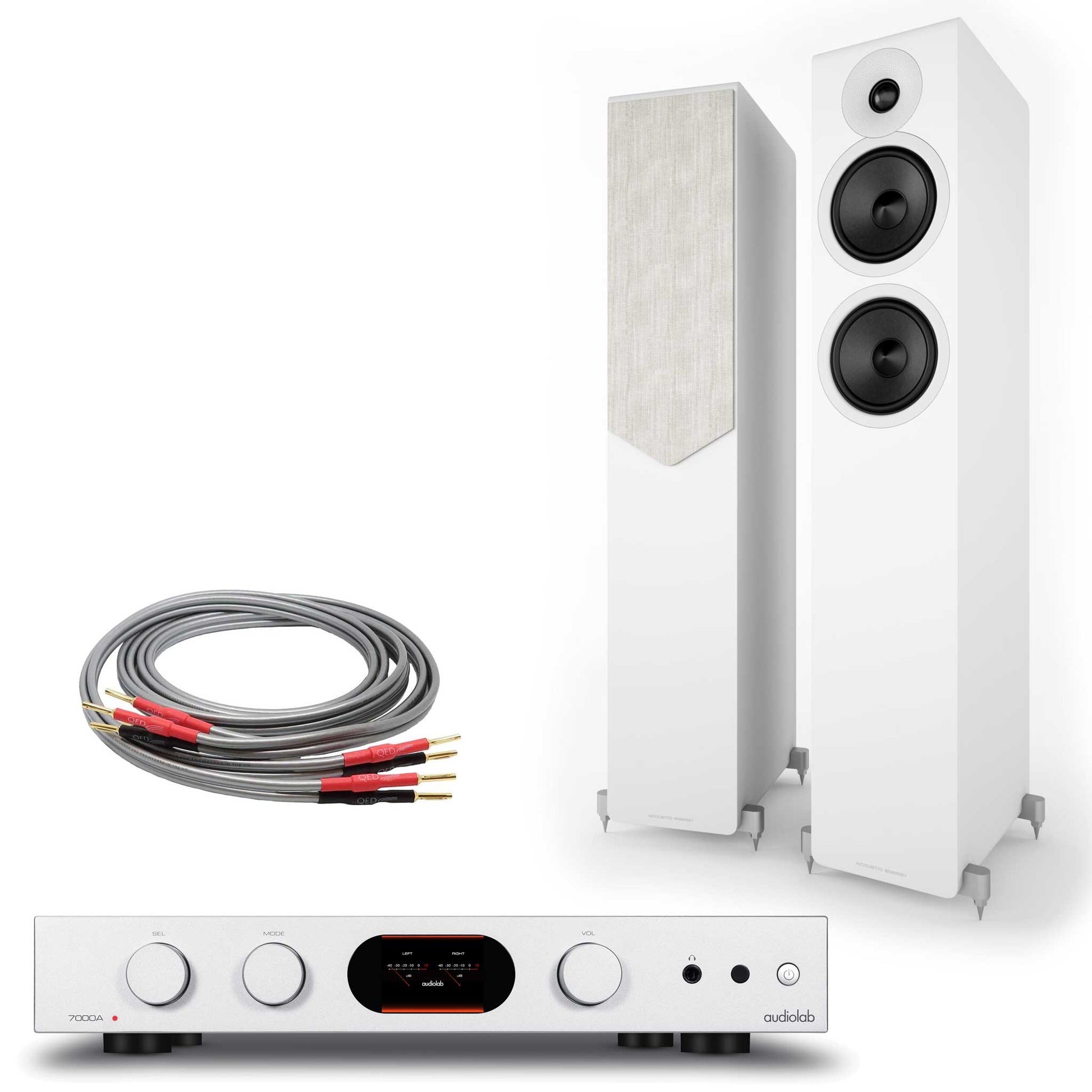 Audiolab 7000A Silver with  Acoustic Energy AE309² Matte White