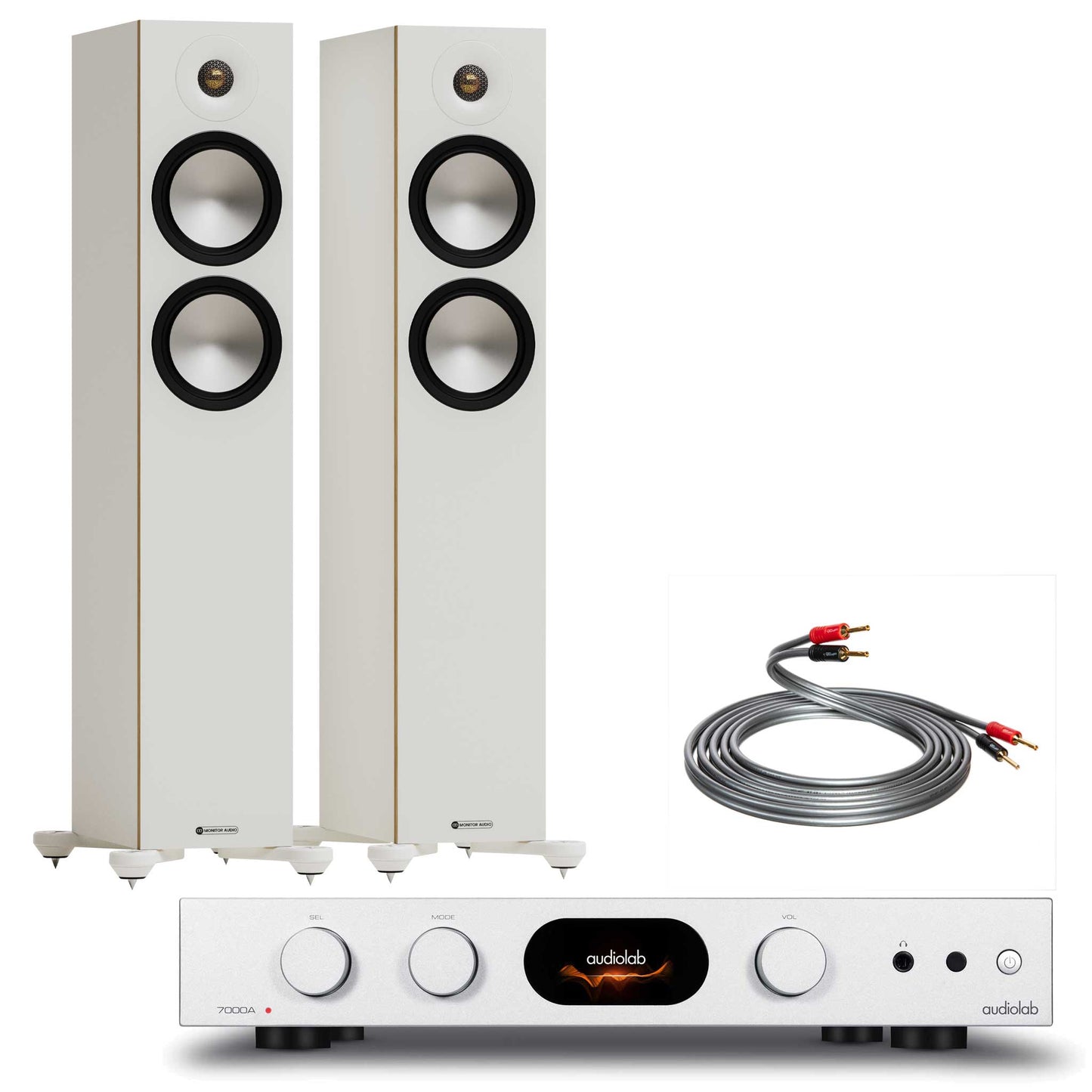 Audiolab 7000A Silver with Monitor Audio Bronze 300 7G White