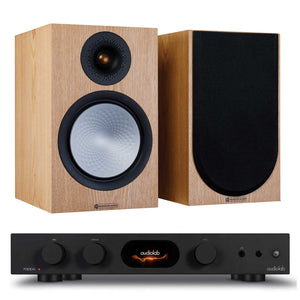 Audiolab 7000A Black with Monitor Audio Silver 100 7G Ash