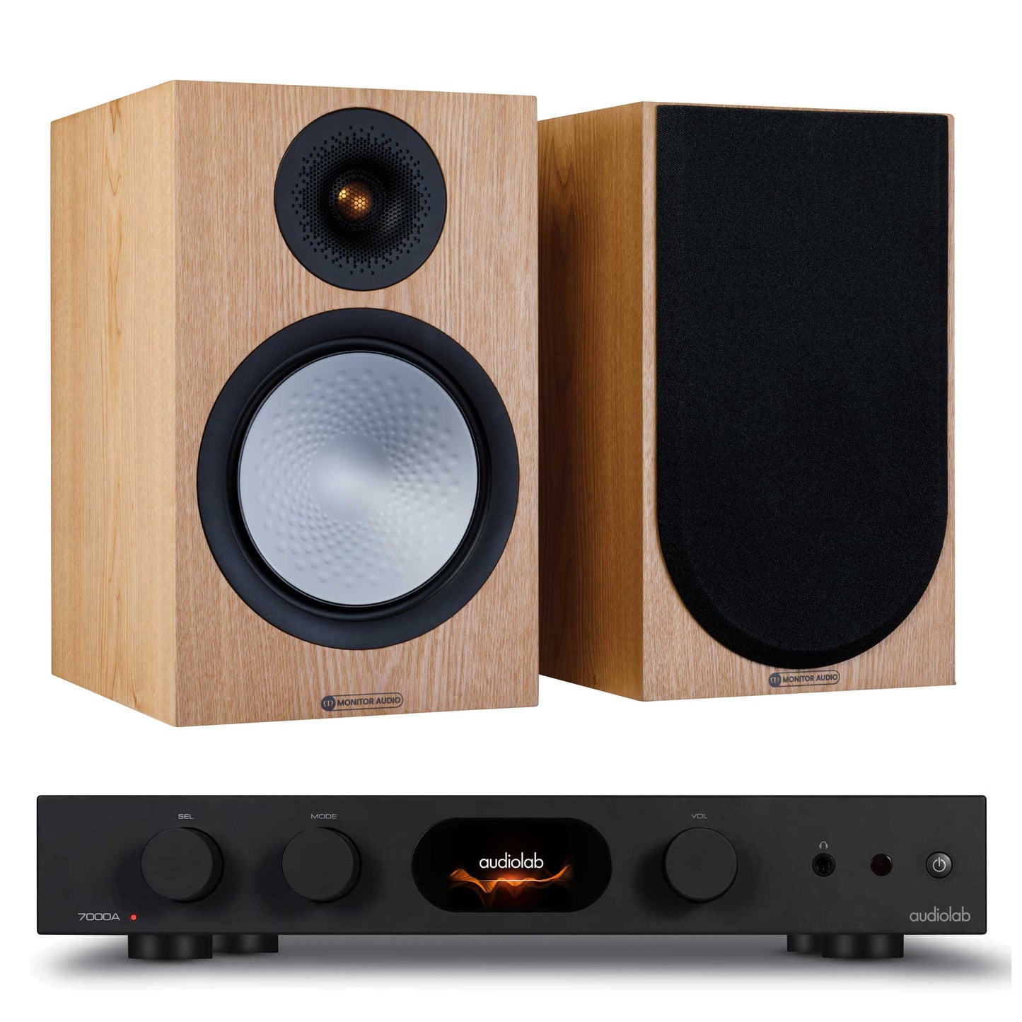 Audiolab 7000A Black with Monitor Audio Silver 100 7G Ash