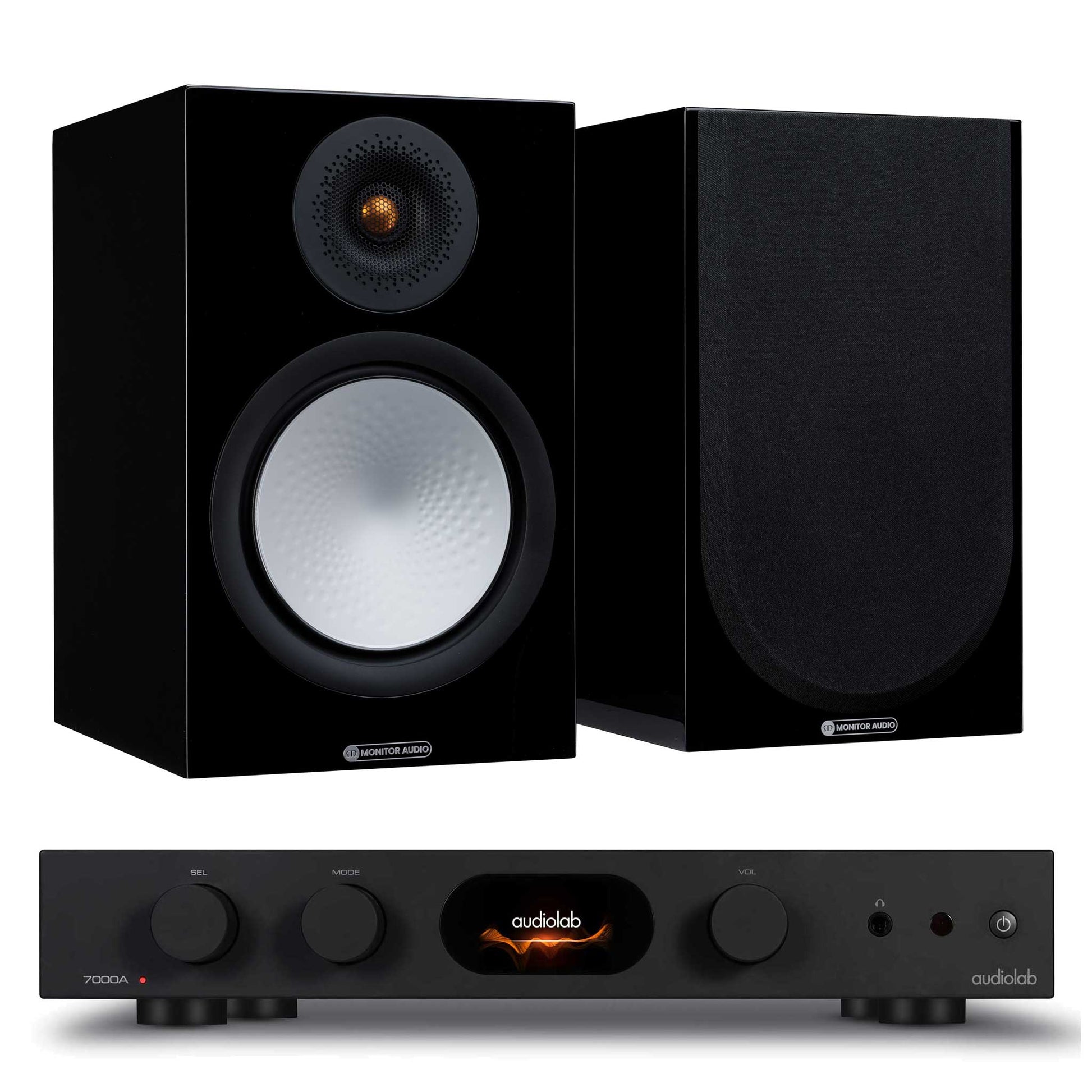 Audiolab 7000A Black with Monitor Audio Silver 100 7G Gloss Black