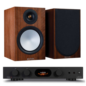 Audiolab 7000A Black with Monitor Audio Silver 100 7G Walnut