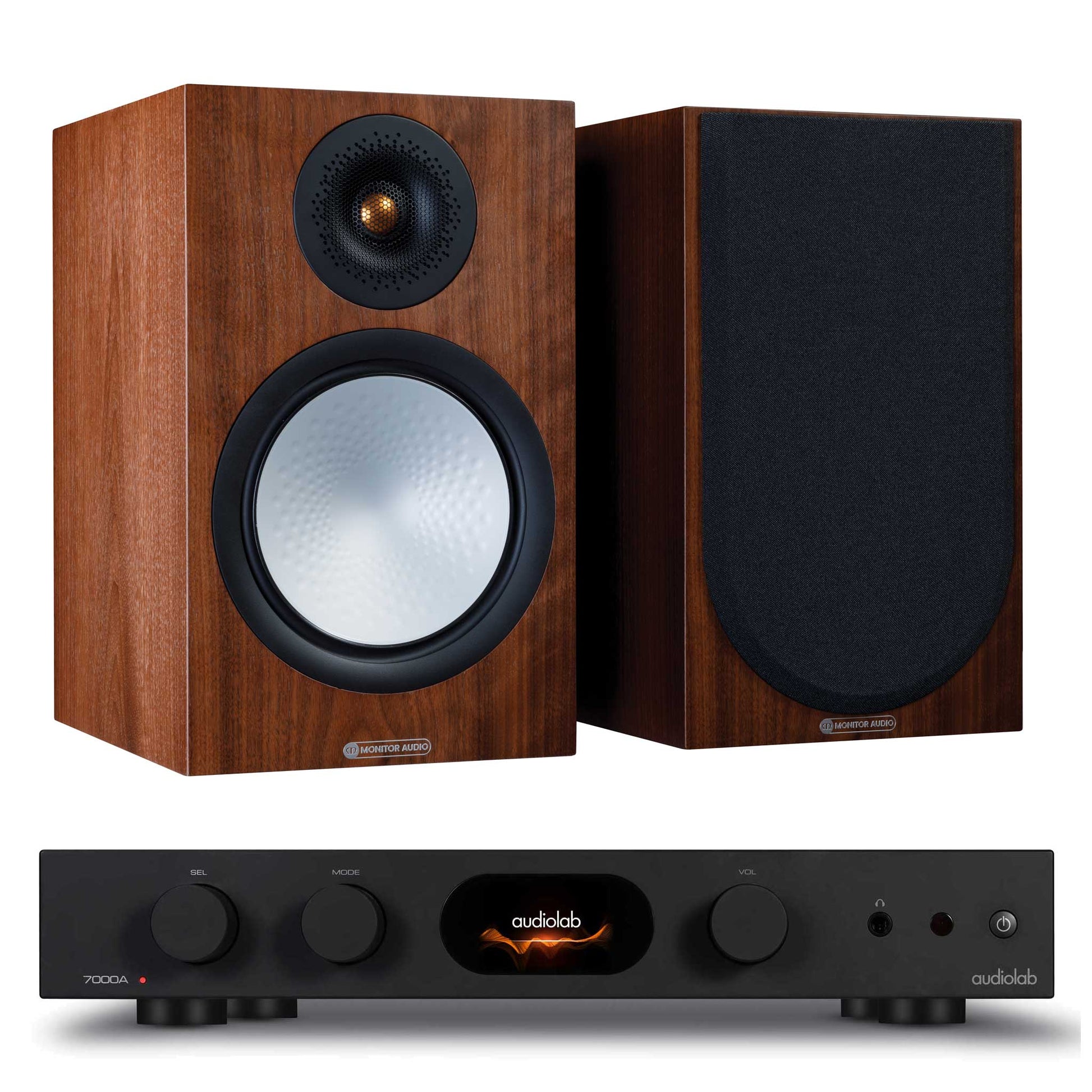 Audiolab 7000A Black with Monitor Audio Silver 100 7G Walnut