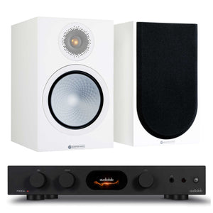 Audiolab 7000A Black with Monitor Audio Silver 100 7G Satin White