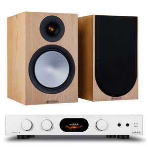 Audiolab 7000A Silver with Monitor Audio Silver 100 7G Ash