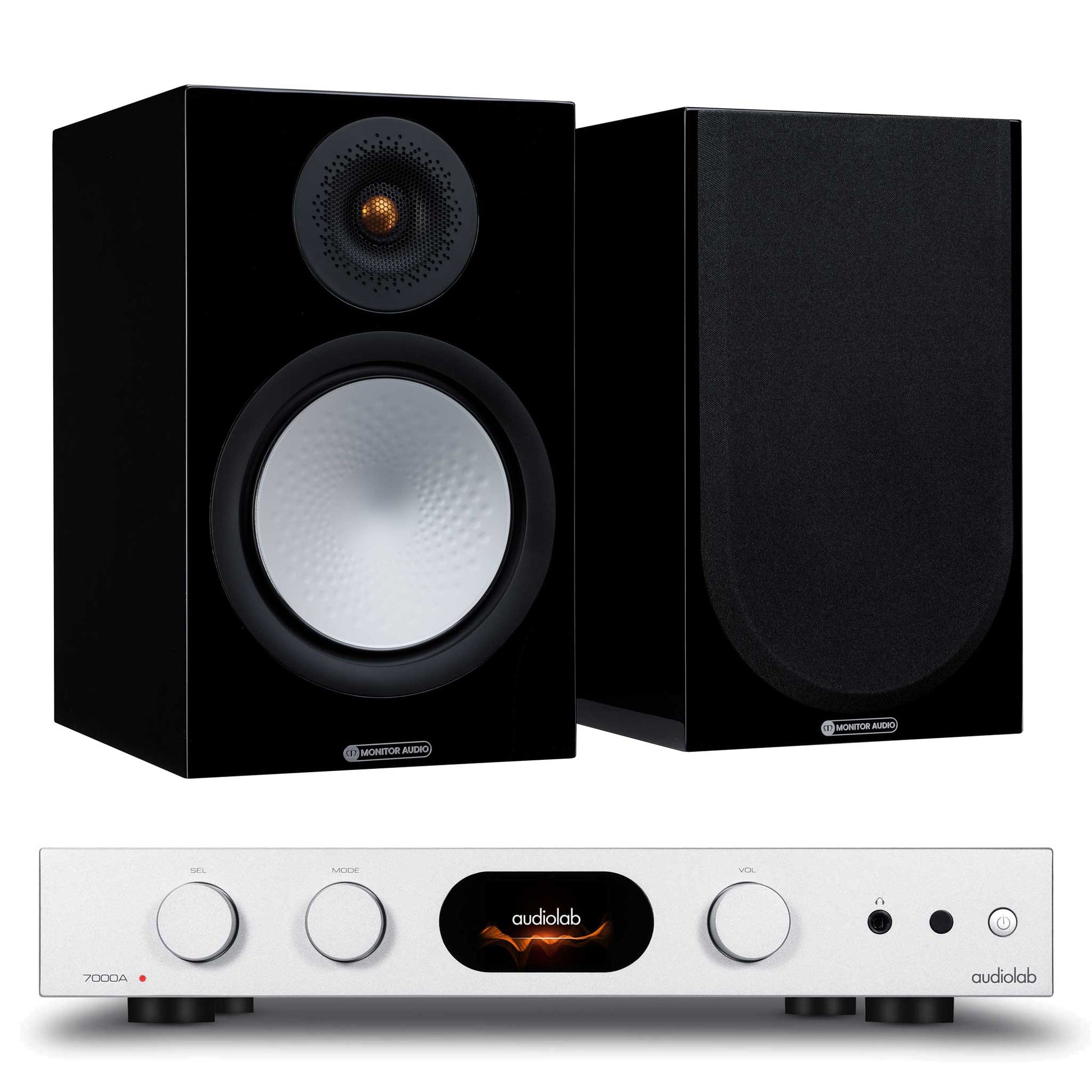 Audiolab 7000A Silver with Monitor Audio Silver 100 7G Gloss Black